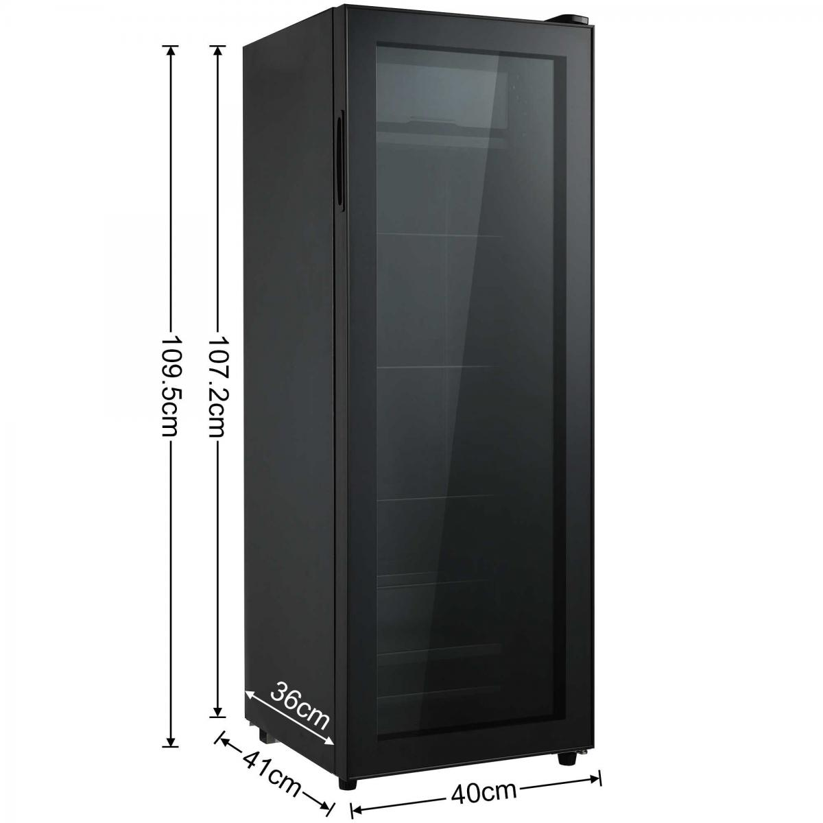 Schwarzer Kühlschrank mit Glastür und Maßen