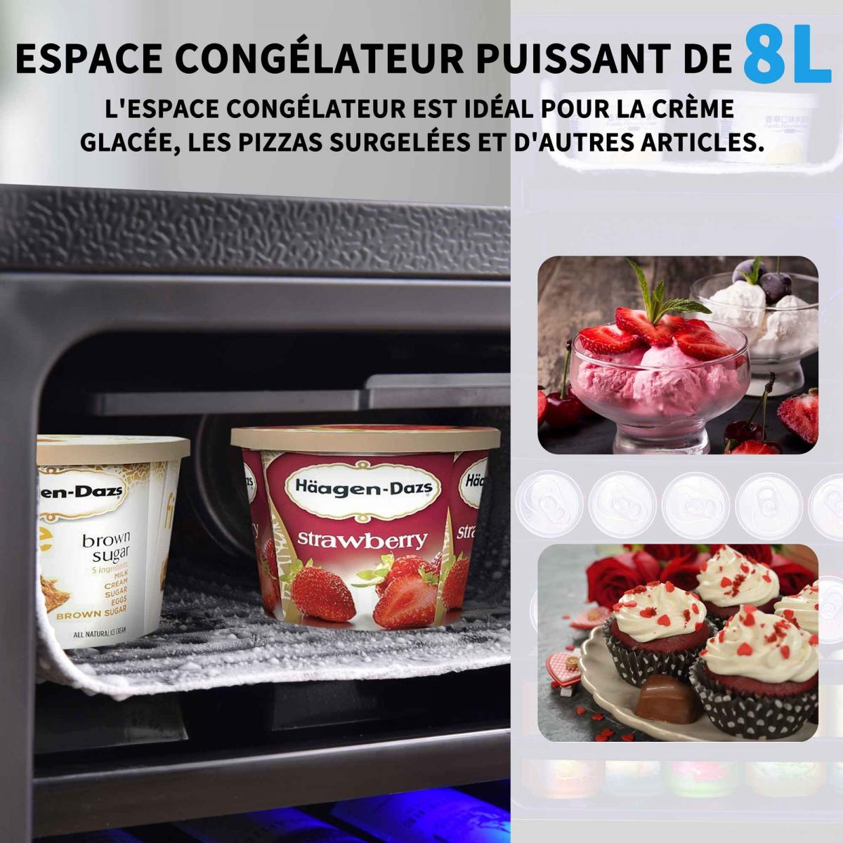 Ein Gefrierschrank mit 8L Fassungsvermögen zeigt Eiscreme und Cupcakes.