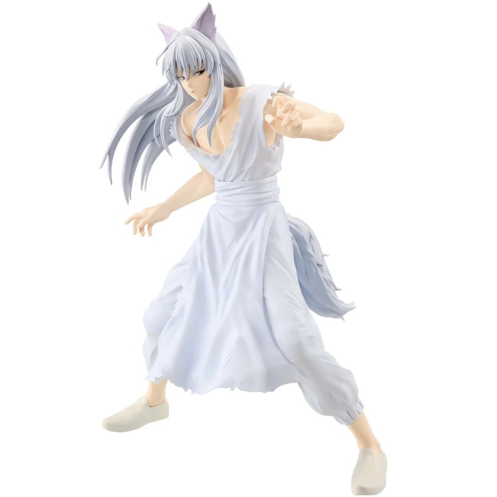 Eine weiße Anime-Figur mit langen weißen Haaren, Katzenohren und einem Schwanz.