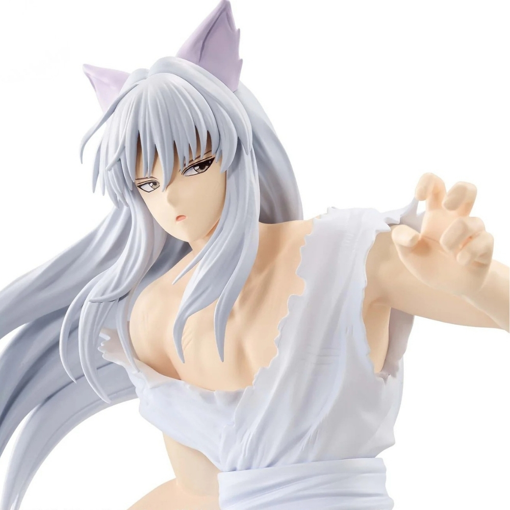 Eine Anime-Figur mit langen weißen Haaren, Katzenohren und einem zerrissenen weißen Gewand.