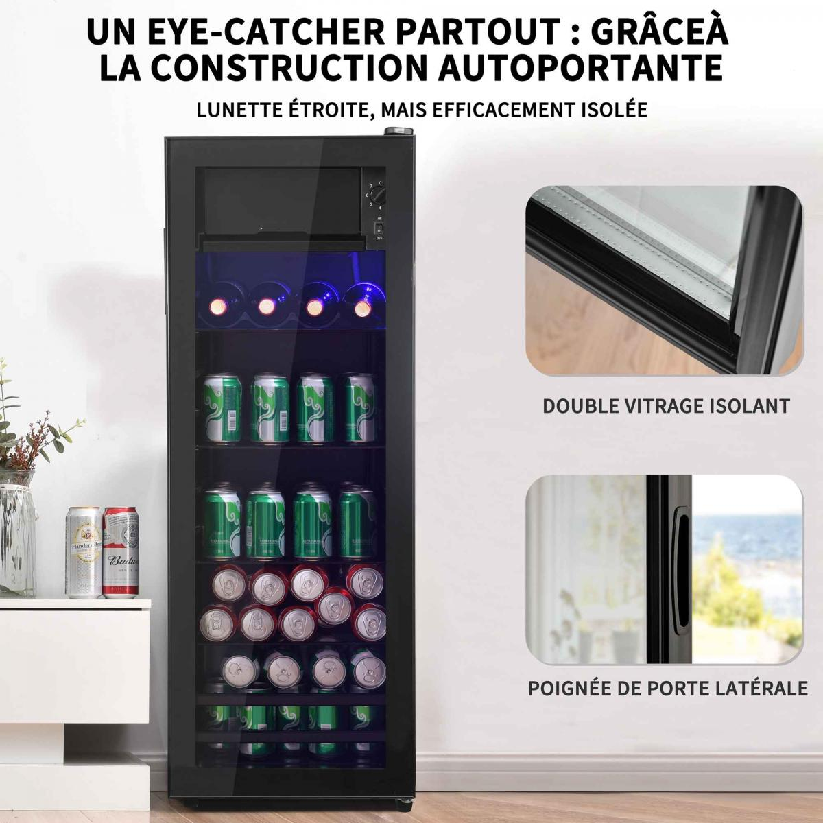 Ein schlanker Kühlschrank mit Flaschen und Dosen, mit Fokus auf Fenster und Griff.