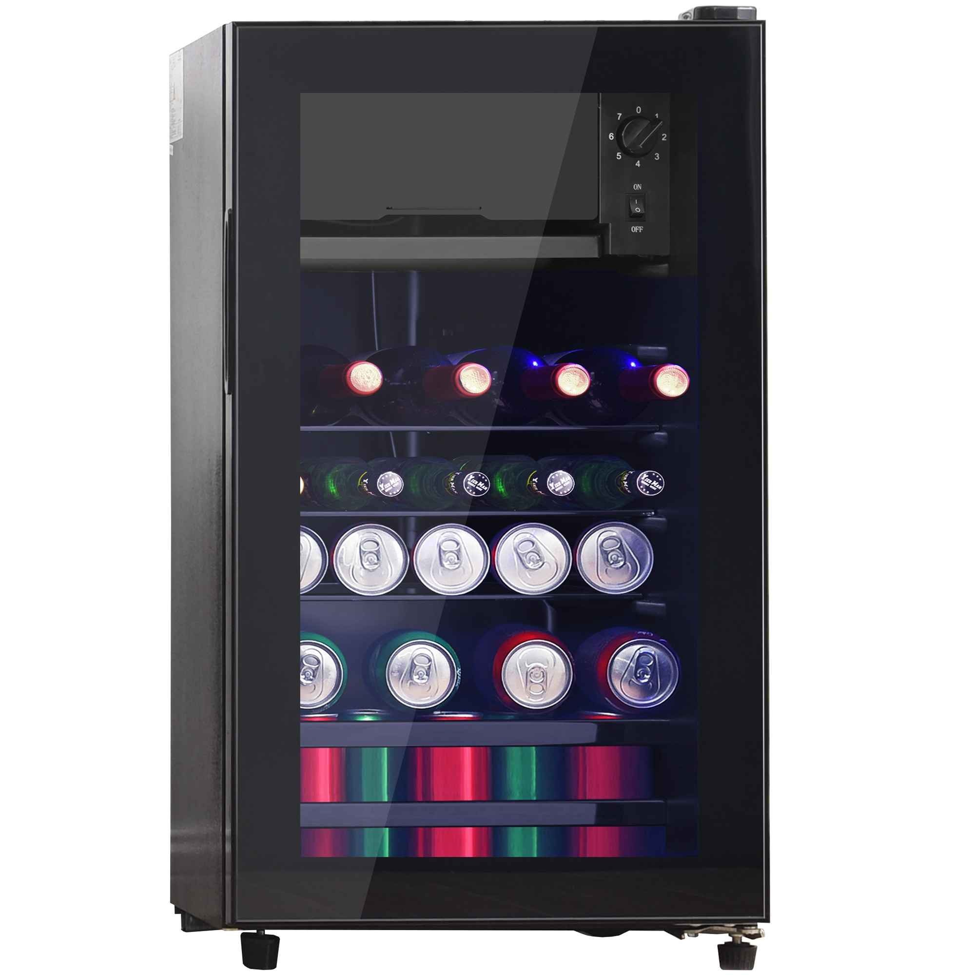 Ein schwarzer Kühlschrank mit Glasfront, gefüllt mit Flaschen und Dosen.