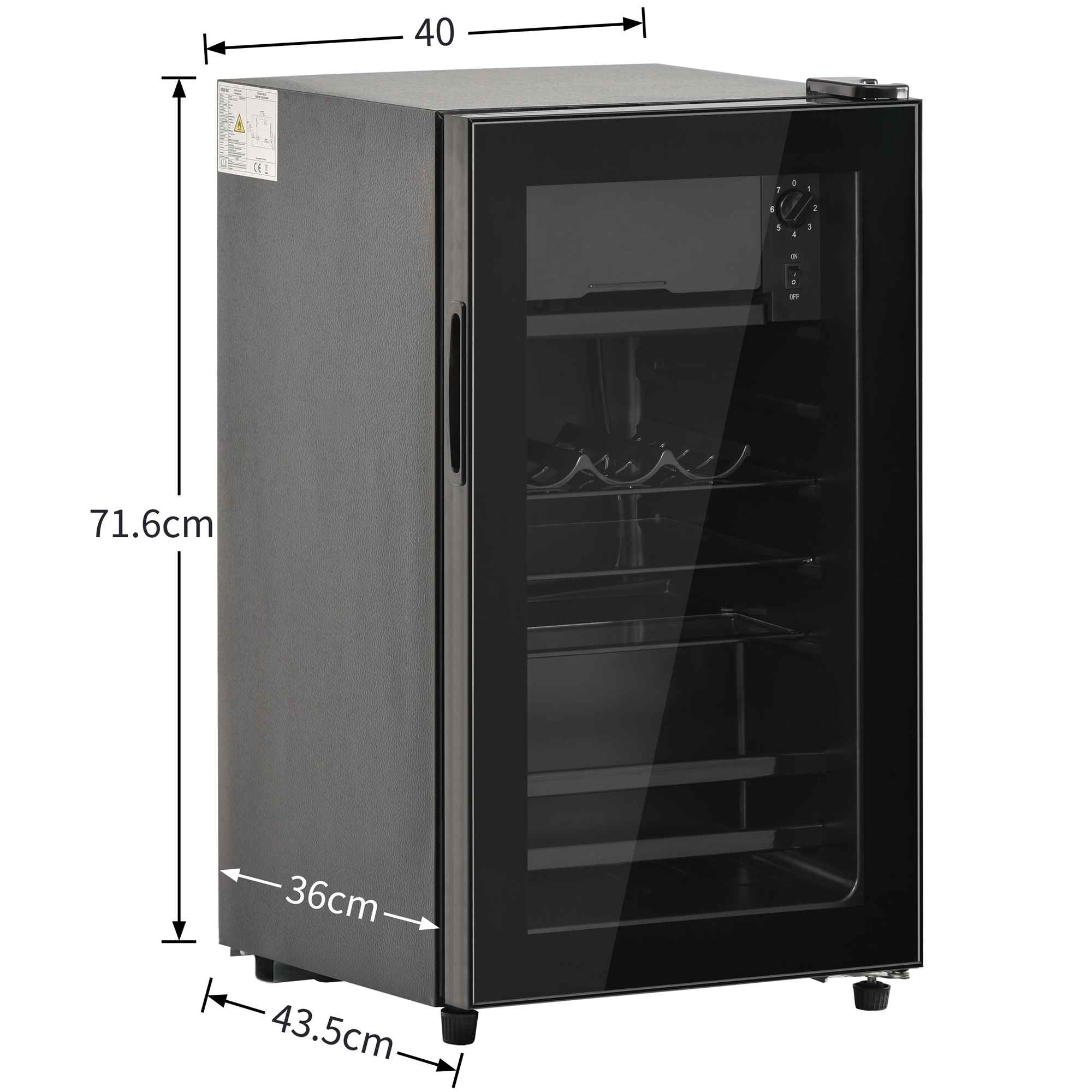 Schwarzer Kühlschrank mit Glastür, Maße 71,6x40x36cm.