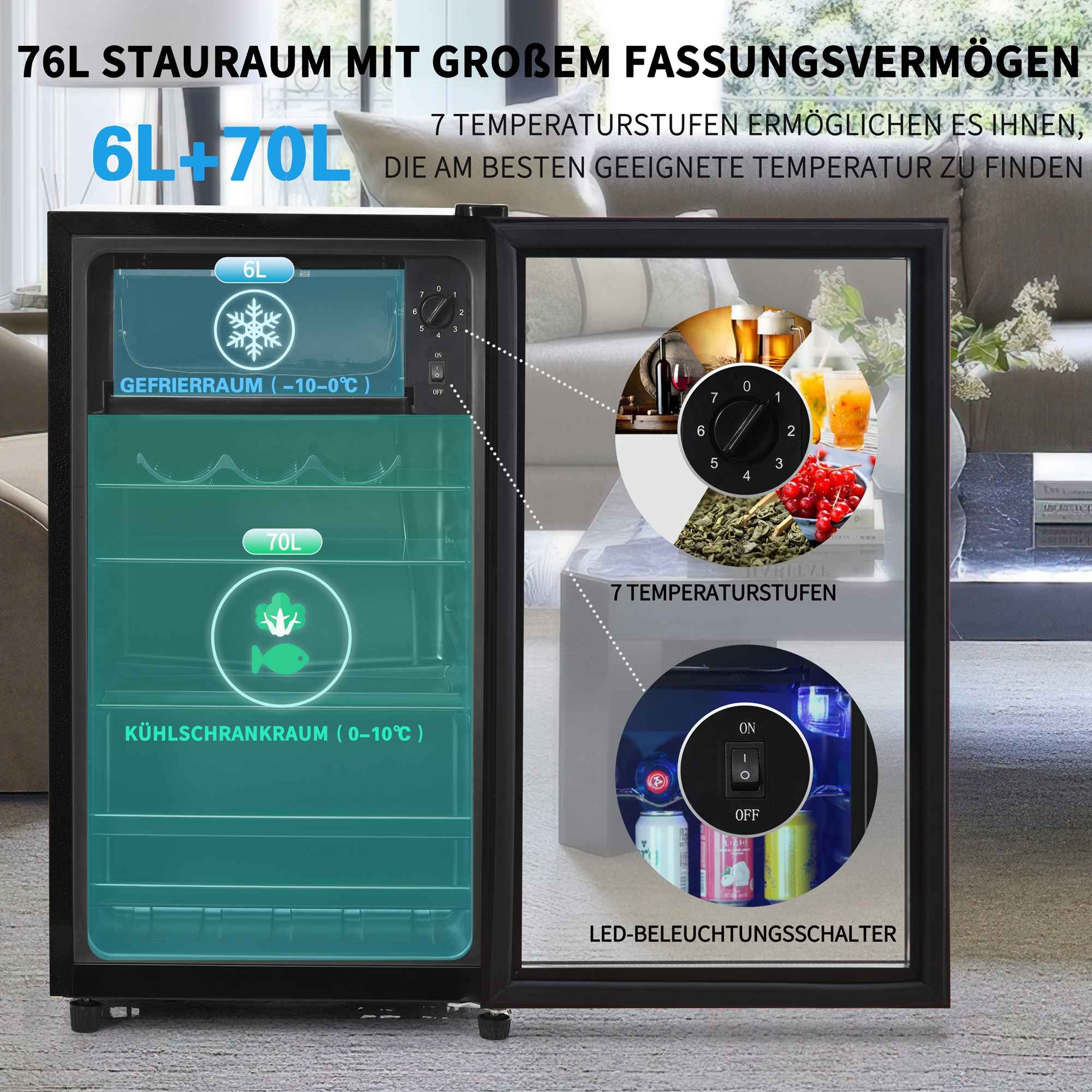 Ein Getränkekühlschrank mit 6L Gefrierfach und 70L Kühlraum. 7 Temperaturstufen.
