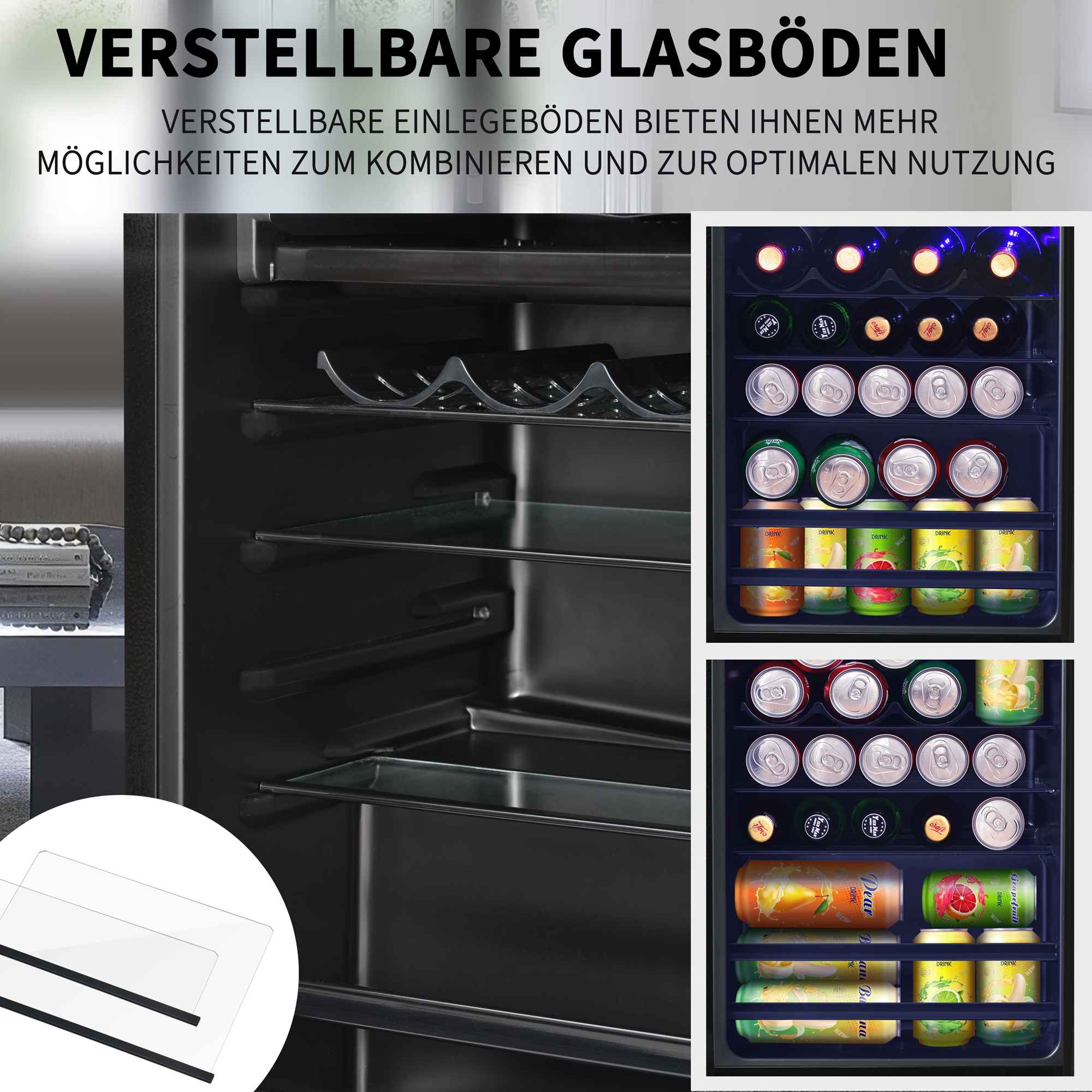 Kühlschrank mit Glasböden, gefüllt mit Flaschen und Dosen.