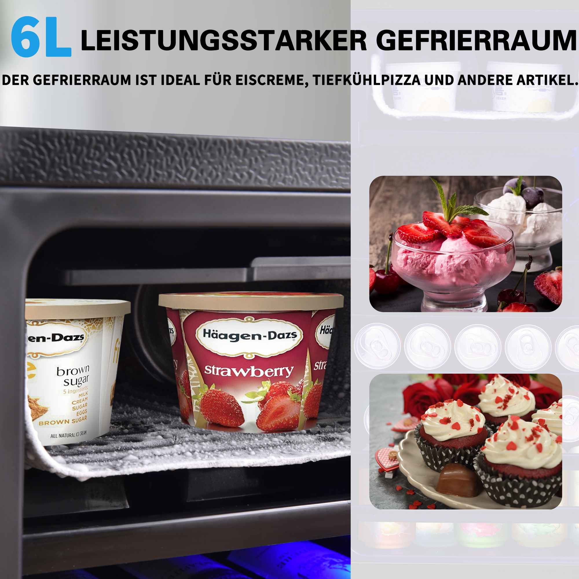 Gefrierraum mit Eiscreme und Cupcakes, ideal für Tiefkühlkost.
