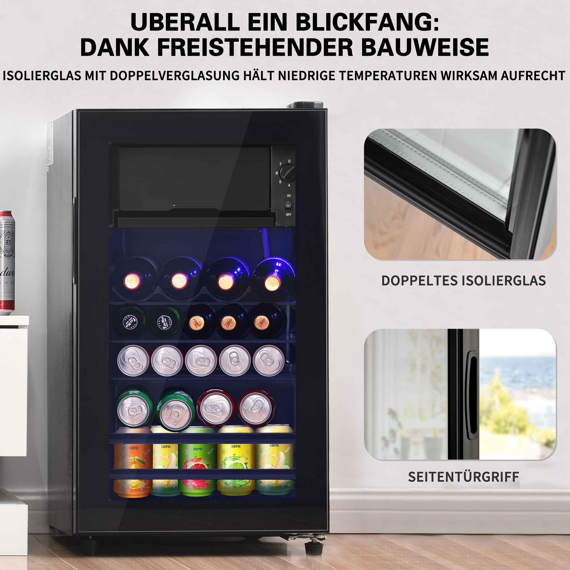 Ein schwarzer Kühlschrank mit Flaschen und Dosen gefüllt. Details zu Glas und Griff.