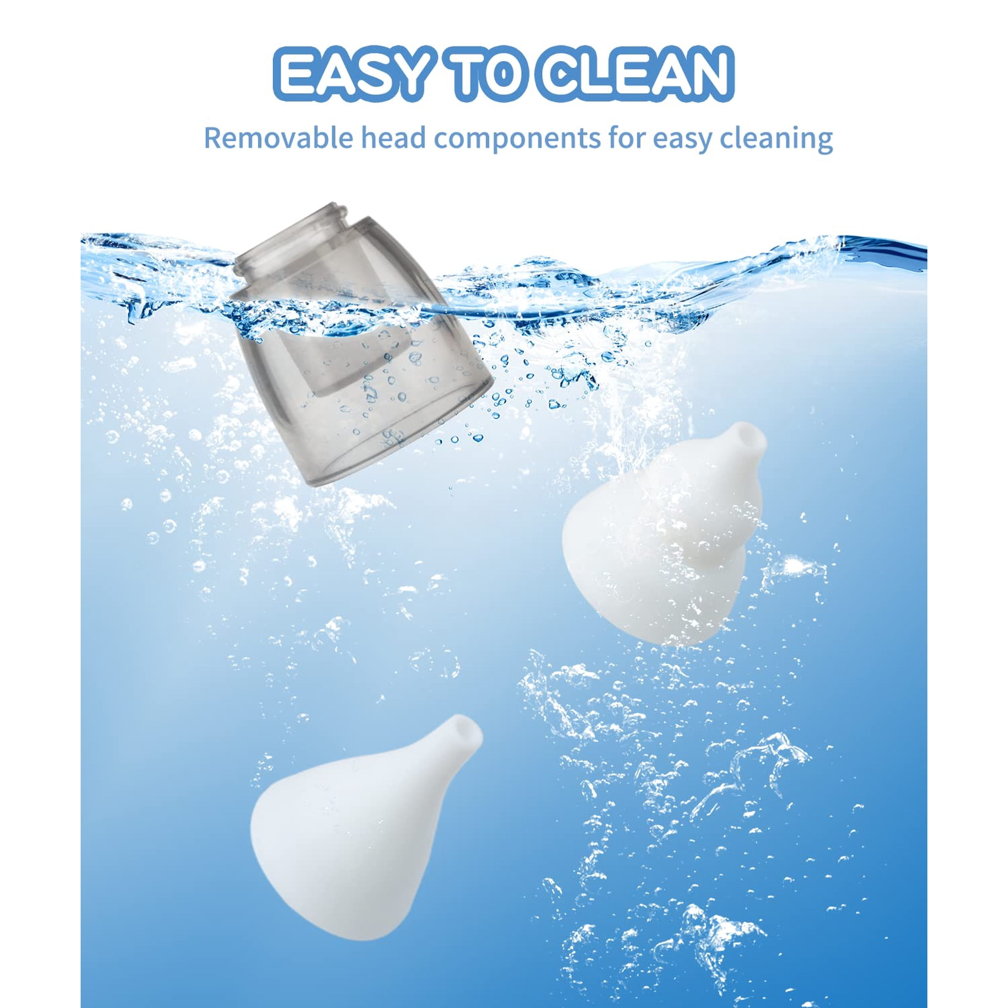 Ein transparenter Behälter und zwei weiße Aufsätze werden unter Wasser gereinigt.