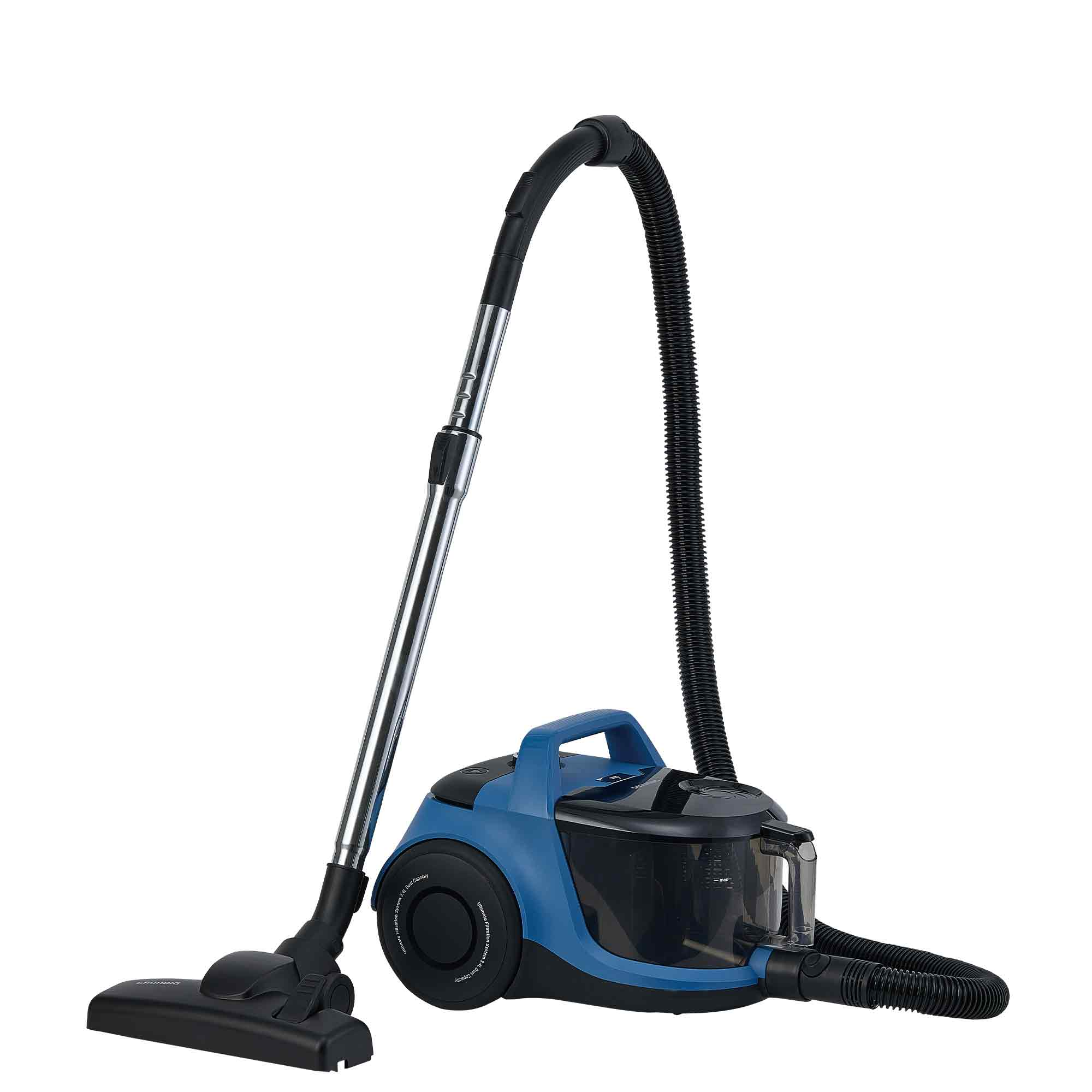 Ein blauer Staubsauger mit schwarzem Schlauch und silbernem Rohr.