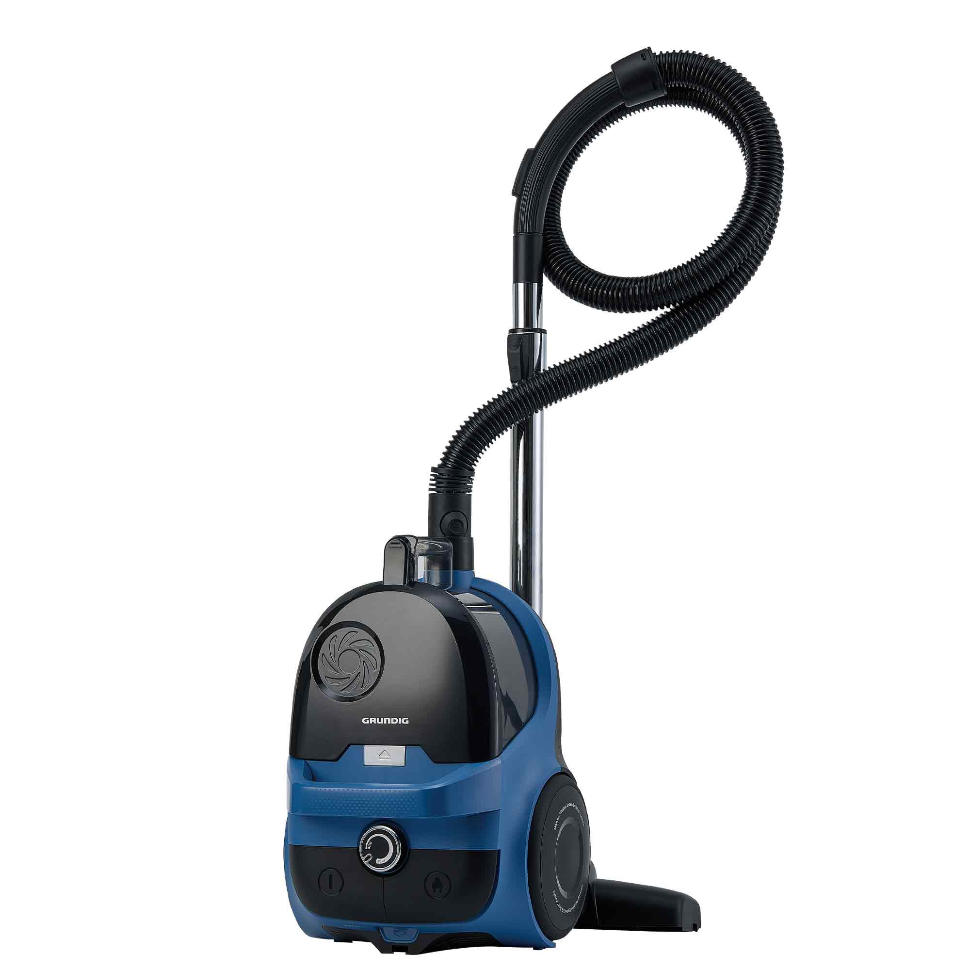 Ein blauer und schwarzer Grundig Staubsauger mit schwarzem Schlauch auf weißem Hintergrund.