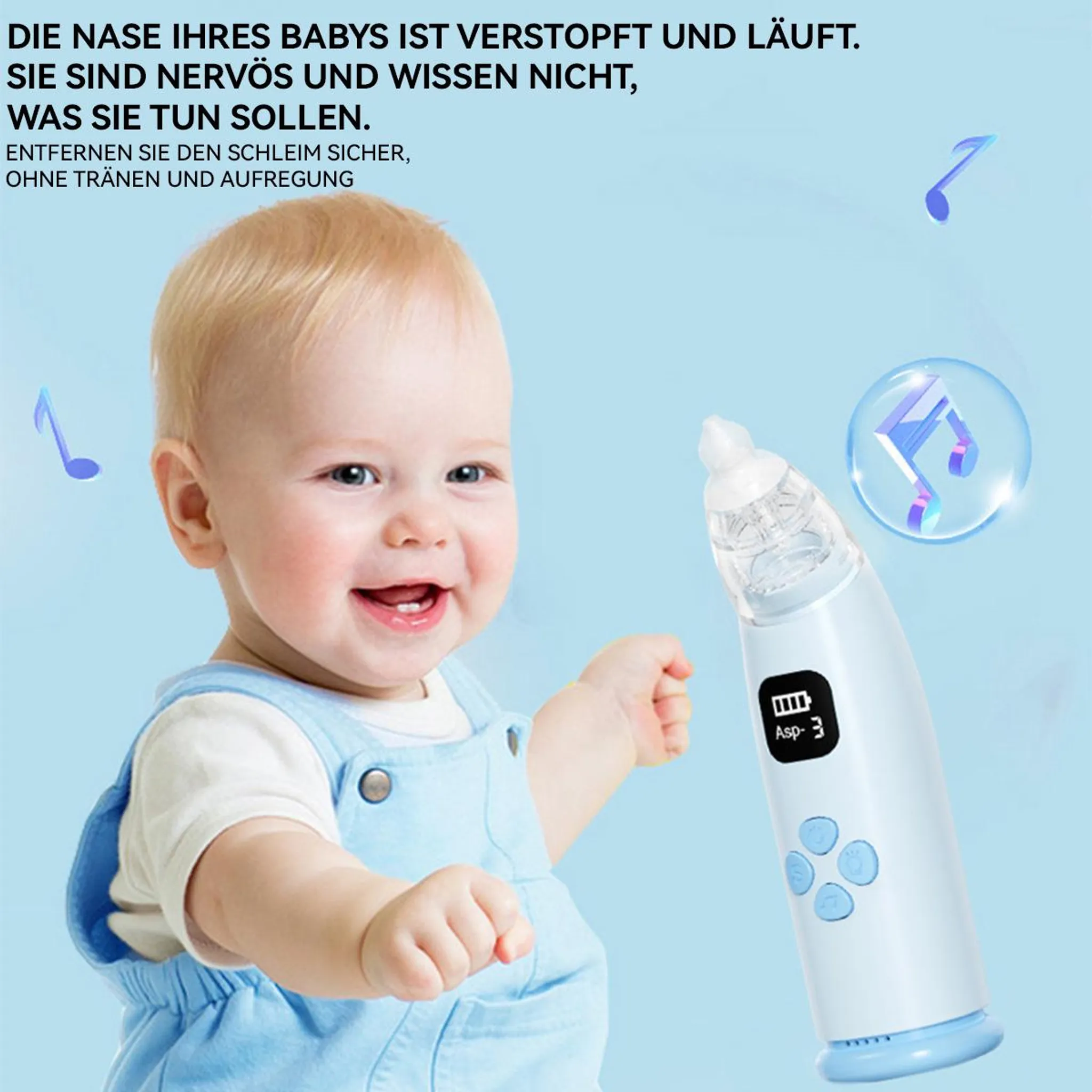 Ein Baby lächelt, daneben ein Nasensauger und Noten.