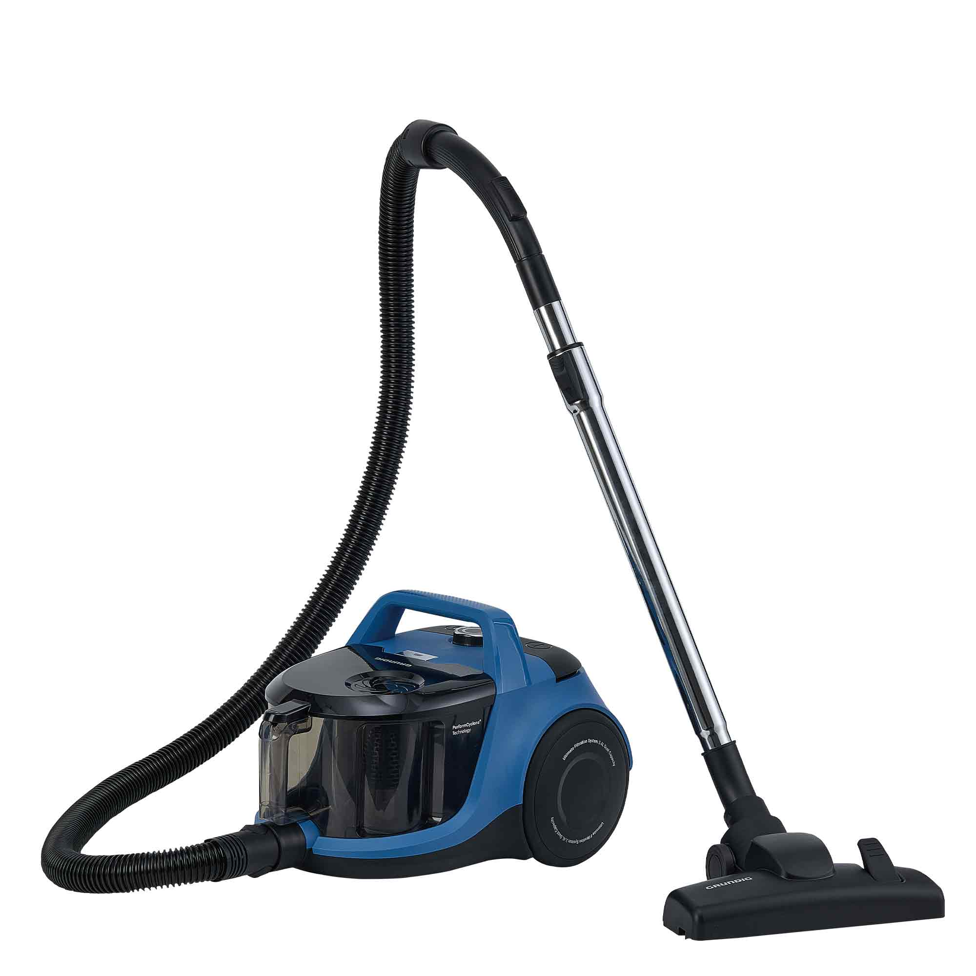 Blauer Staubsauger mit schwarzem Schlauch und silbernem Rohr auf weißem Hintergrund.
