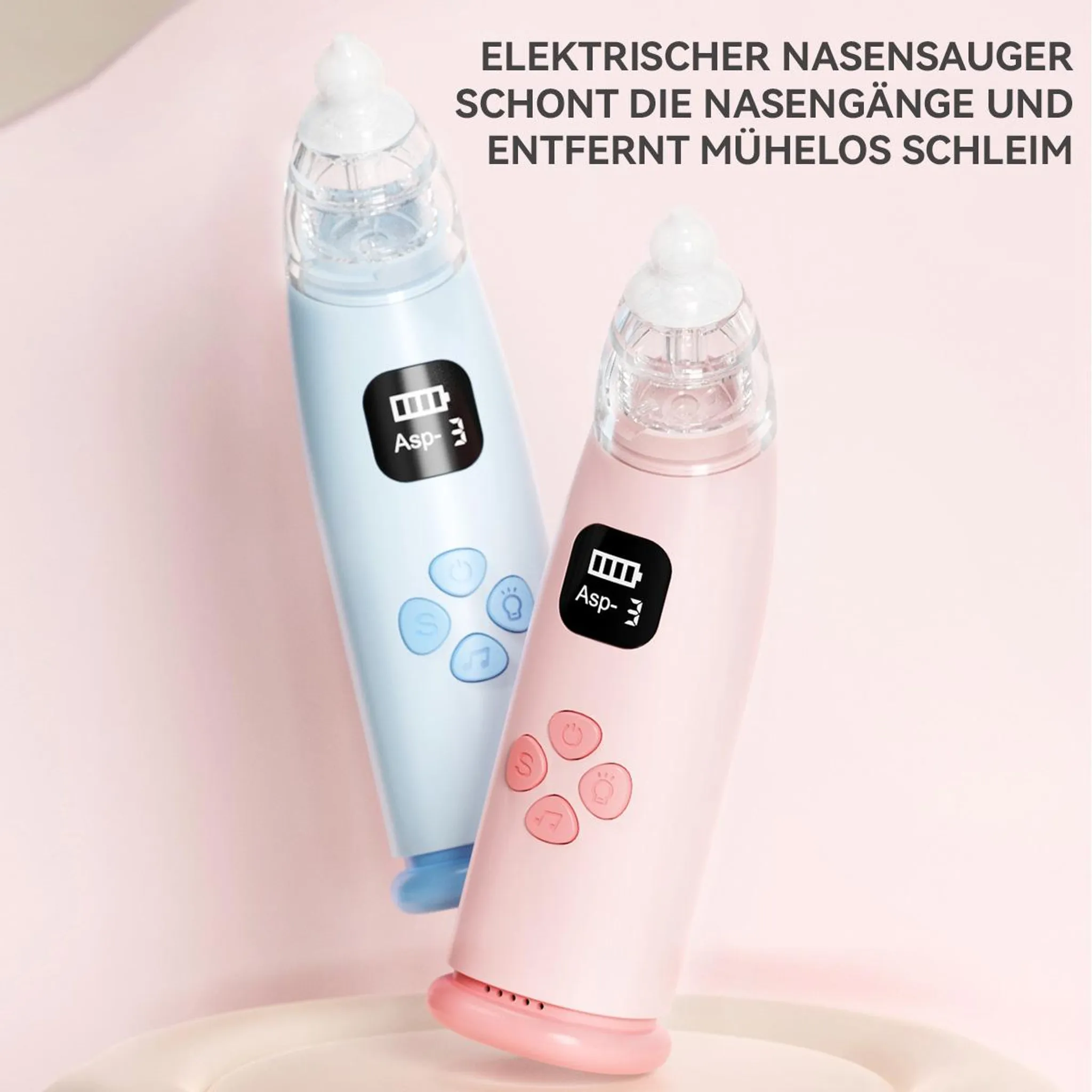 Zwei elektrische Nasensauger, blau und rosa, mit Displays und Knöpfen.