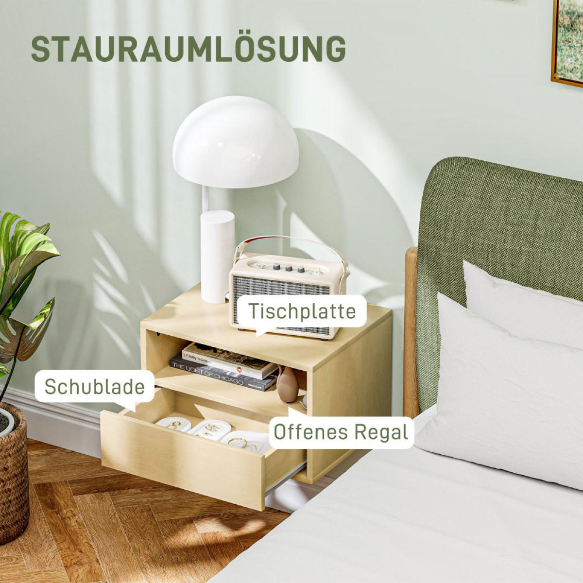 Ein Nachttisch mit offener Schublade, Lampe, Radio und Büchern.