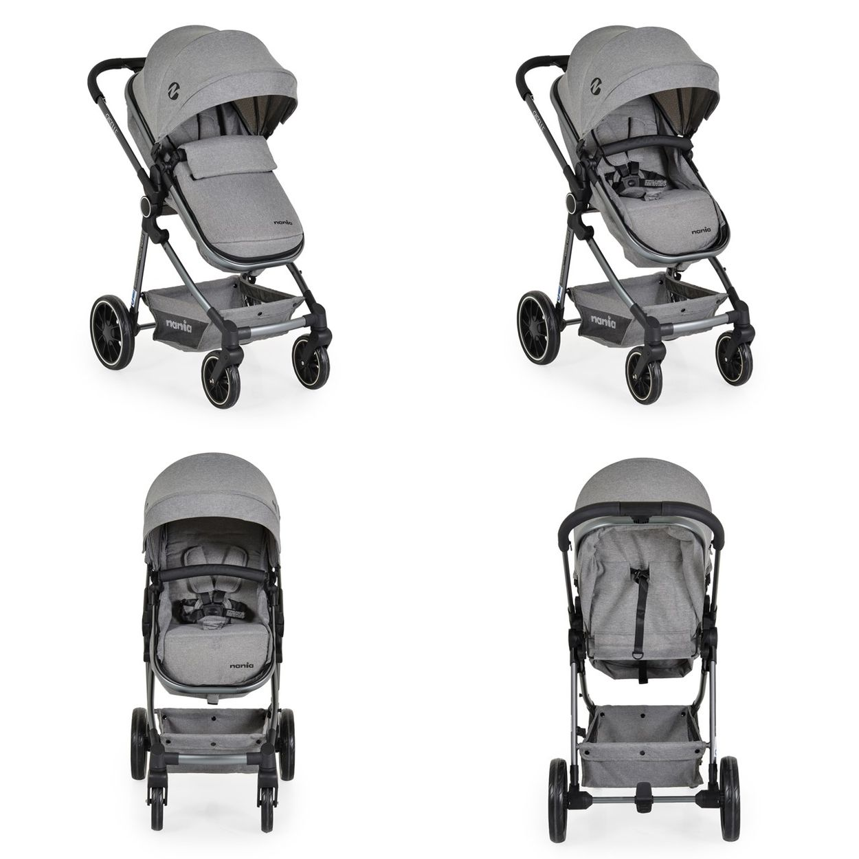 Grauer Kinderwagen mit Verdeck, Sitz und Aufbewahrungskorb.