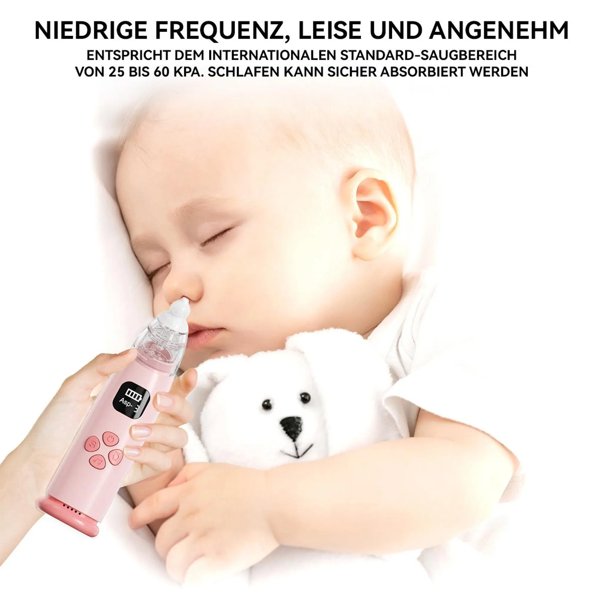 Ein rosa Nasensauger wird an der Nase eines schlafenden Babys verwendet.