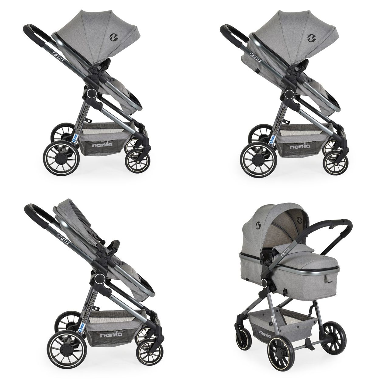 Grauer Kinderwagen mit Sitz und Verdeck, auf vier Rädern.