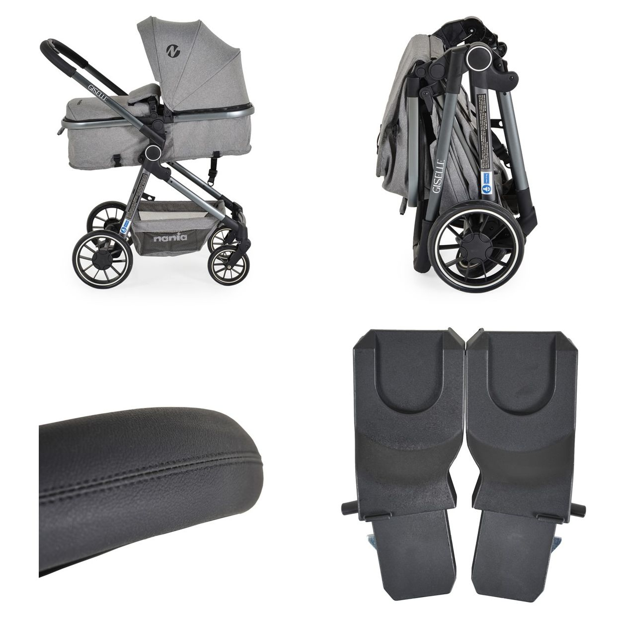 Ein grauer Kinderwagen, zusammengeklappt, ein Griff und zwei Adapter auf weißem Grund.