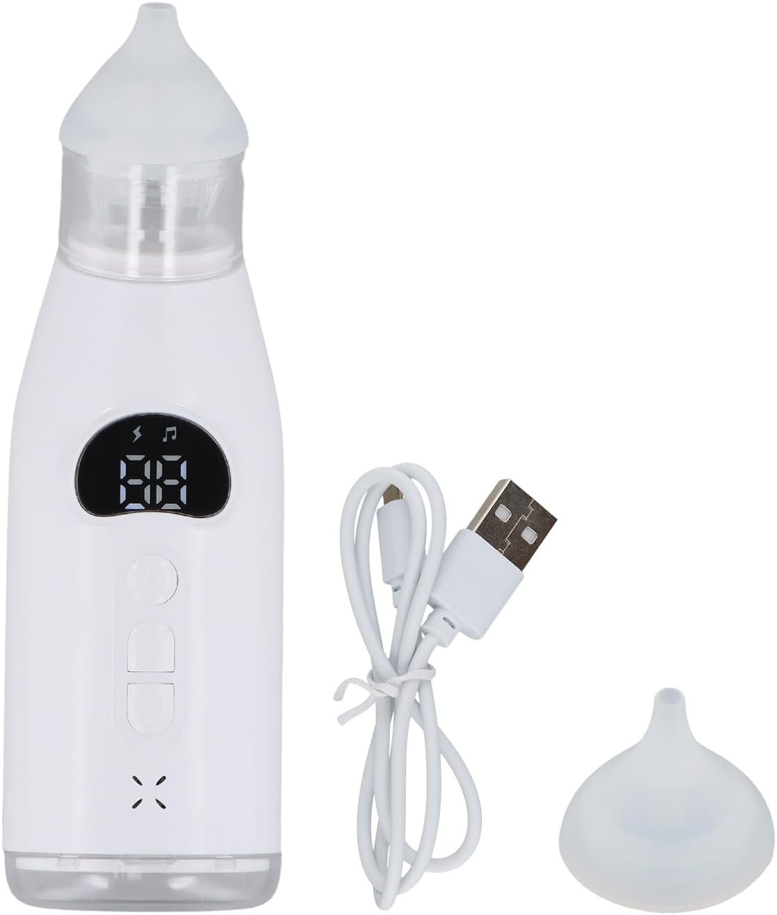Ein weißer Nasensauger mit USB-Kabel und Ersatzspitze.