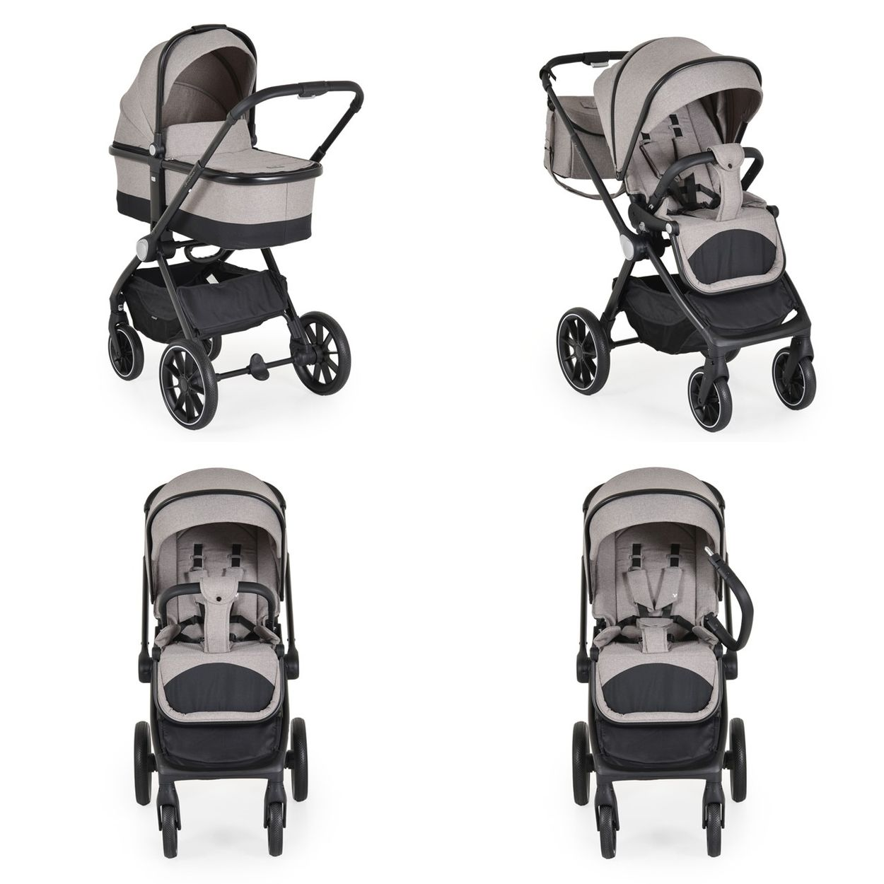 Grauer Kinderwagen mit Tragetasche und Sitz, auf weißem Hintergrund.
