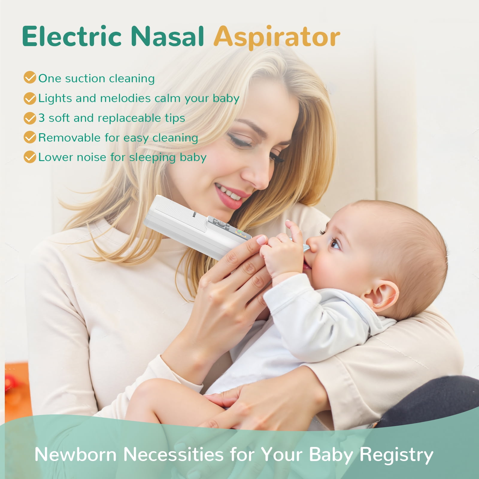 Mutter benutzt Nasensauger bei Baby. Weißer Sauger, blonde Mutter, Baby im Arm.