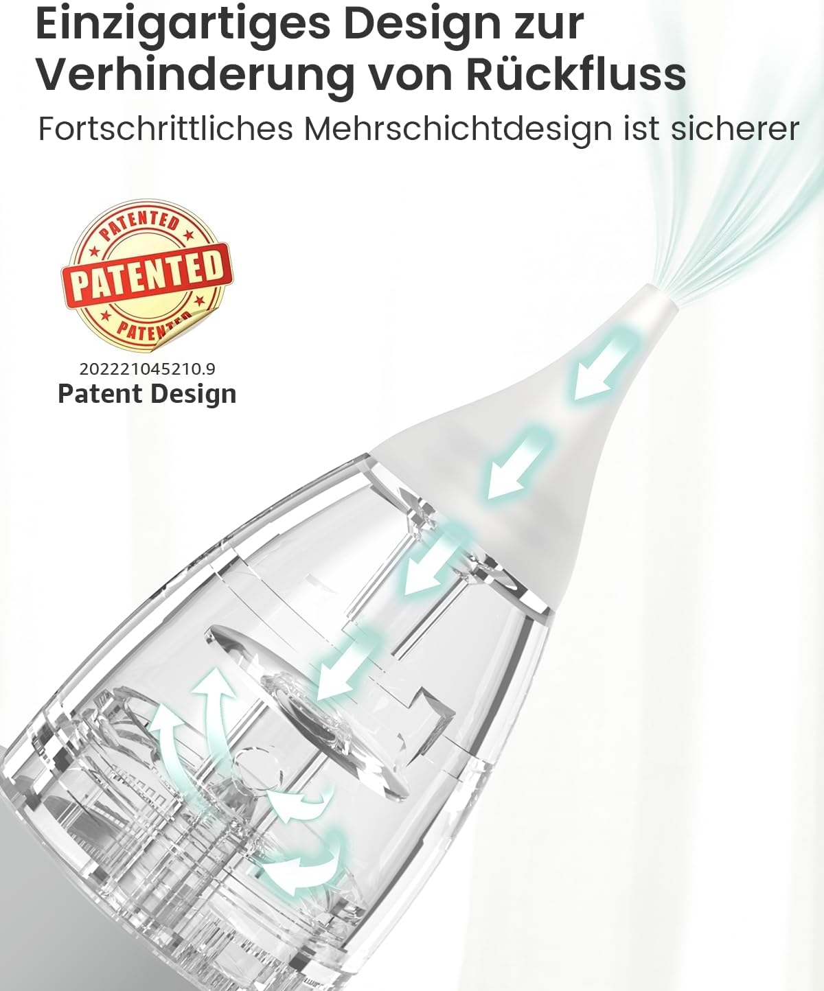 Transparenter Nasensauger mit Pfeilen, die den Luftstrom zeigen. Patentiert.