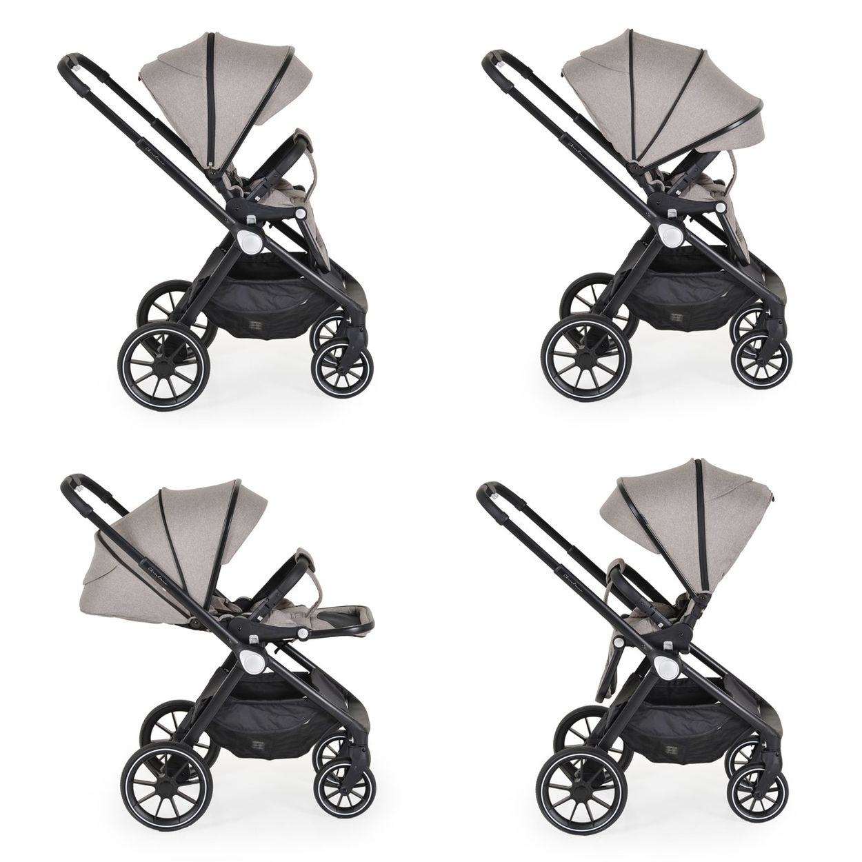 Ein grauer Kinderwagen mit schwarzen Rädern und Griffen auf weißem Hintergrund.