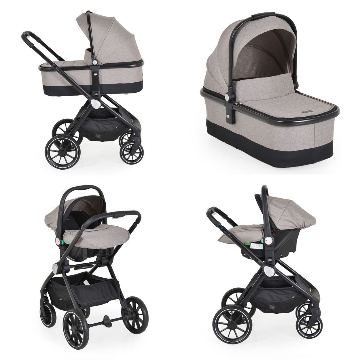Grauer Kinderwagen mit Babywanne und Autositz, weiße Akzente.
