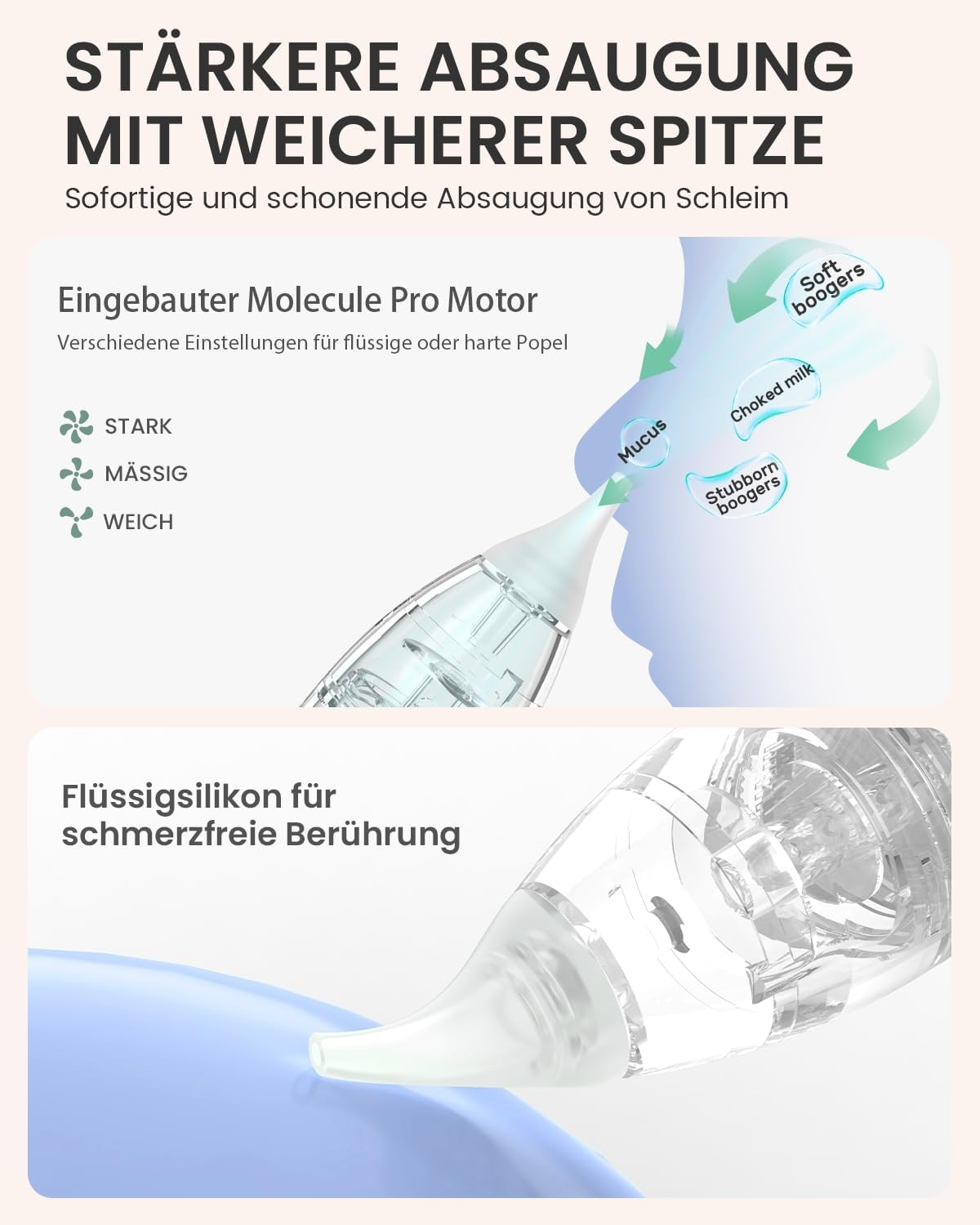 Saugvorrichtung mit weicher Spitze saugt Schleim, Milch & Popel auf.