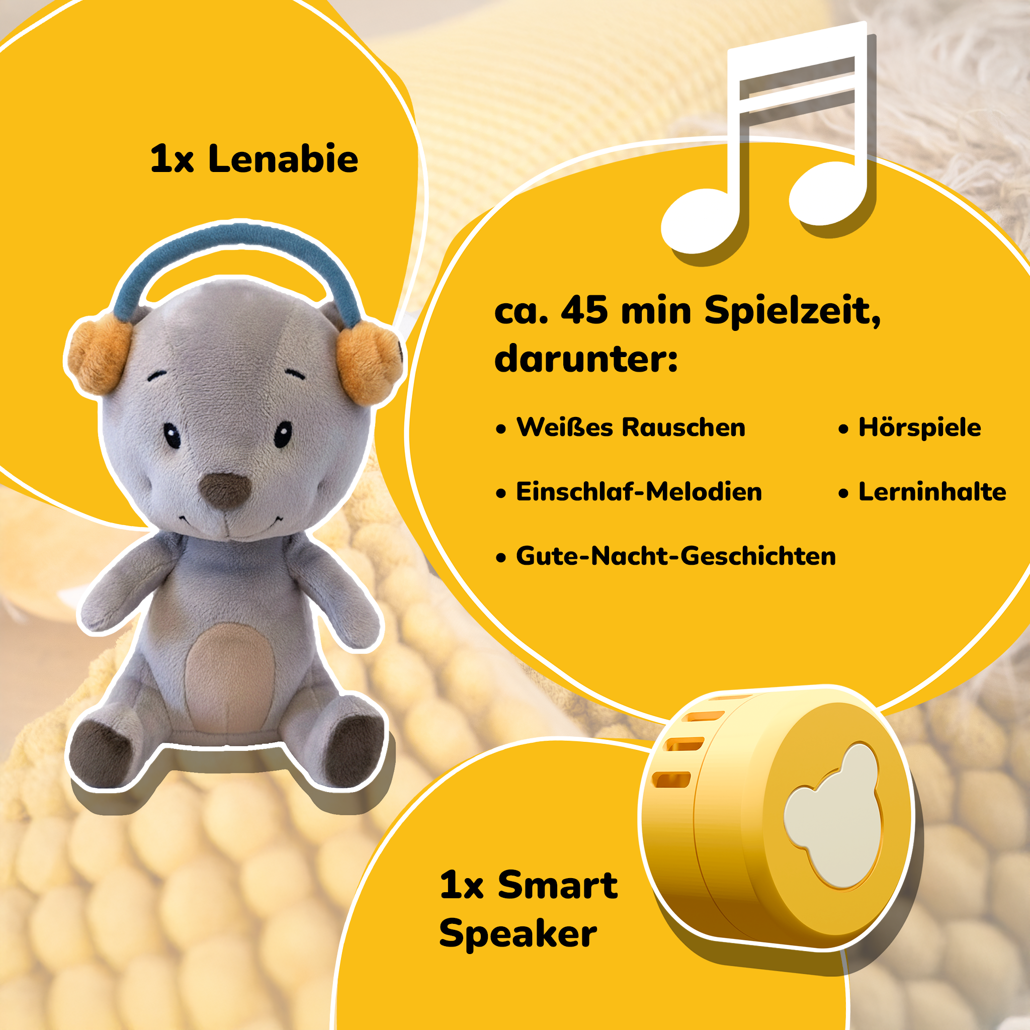 Grauer Teddybär mit Kopfhörern neben gelbem Smart Speaker. Spielzeit ca. 45 Min.