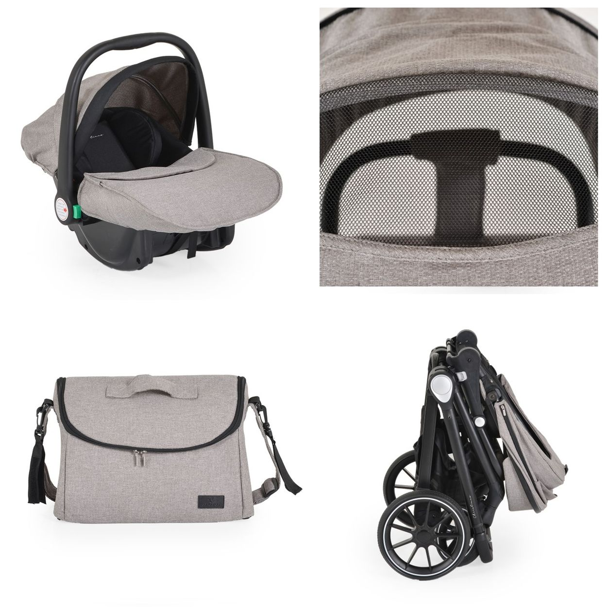 Grauer Kinderwagenaufsatz, Tasche und gefalteter Kinderwagen.
