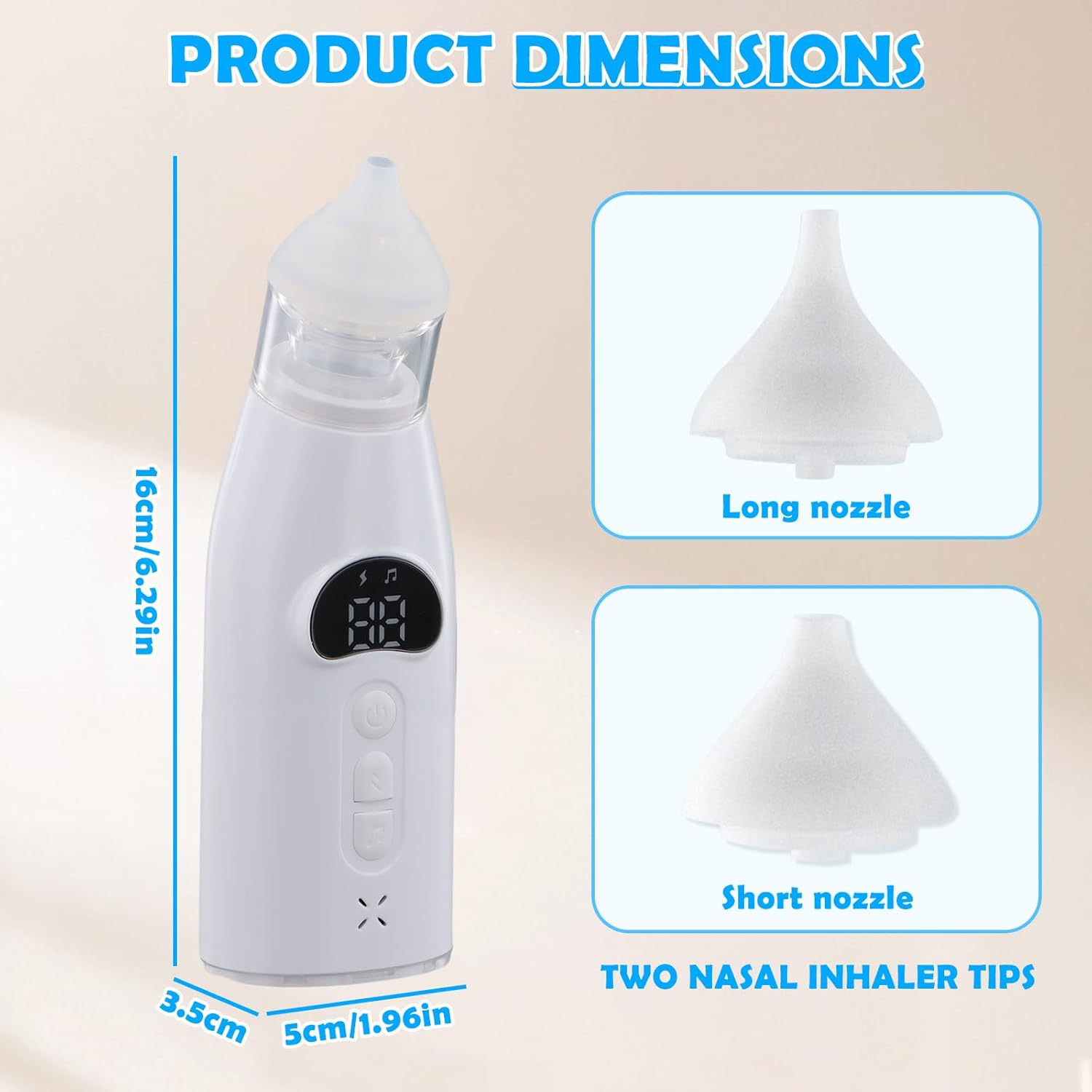 Weiße Nasensauger-Dimensionen: 16cm hoch, 3,5cm & 5cm breit, mit 2 Düsen.