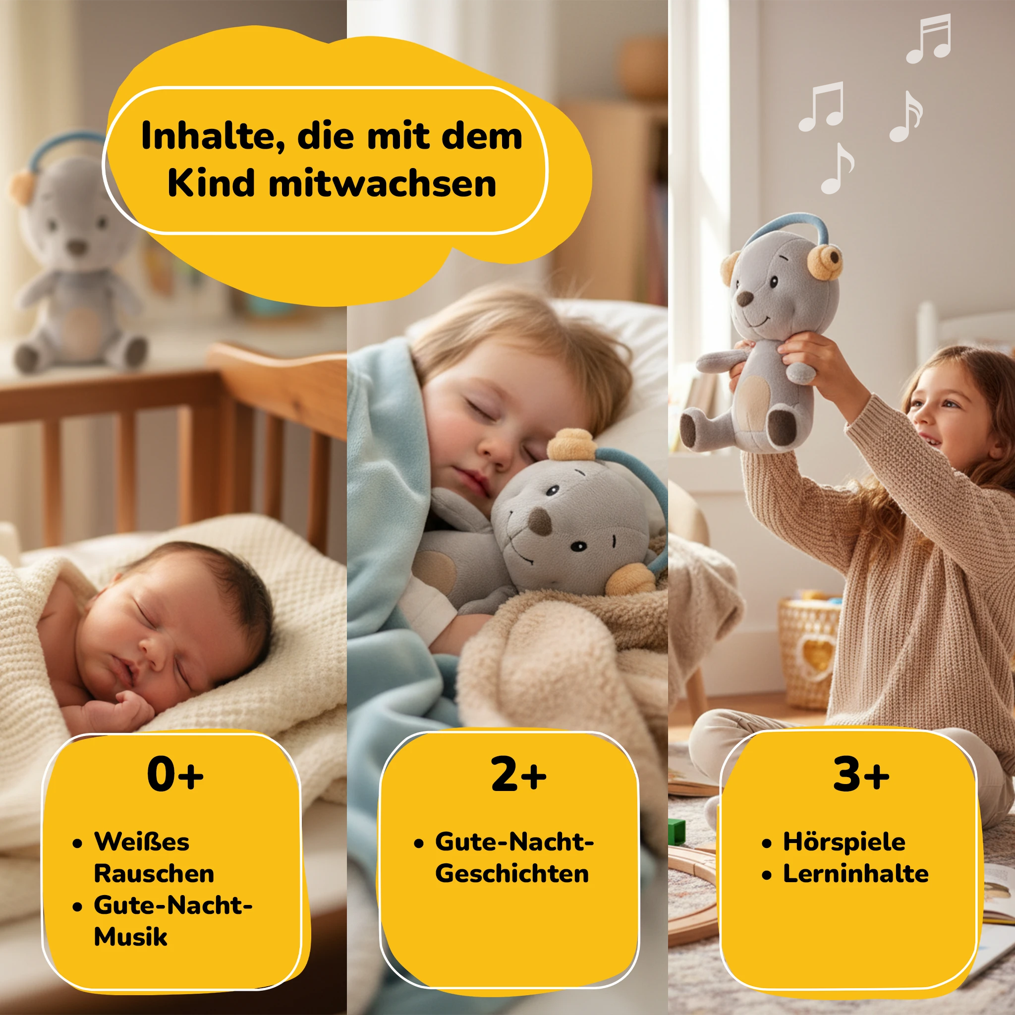 Collage aus Baby, Kleinkind und Mädchen mit Teddybären, die altersgerechte Inhalte zeigen.