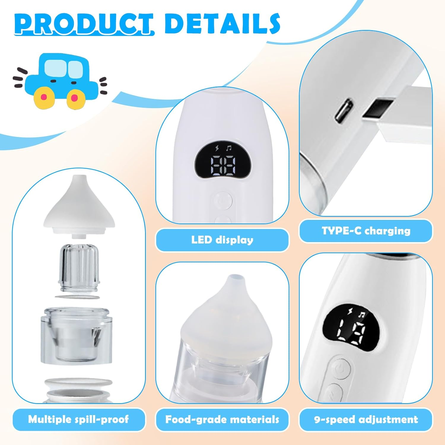 Produktdetails: LED-Anzeige, Typ-C-Laden, spritzwassergeschützt, lebensmittelecht, 9-stufige Einstellung.