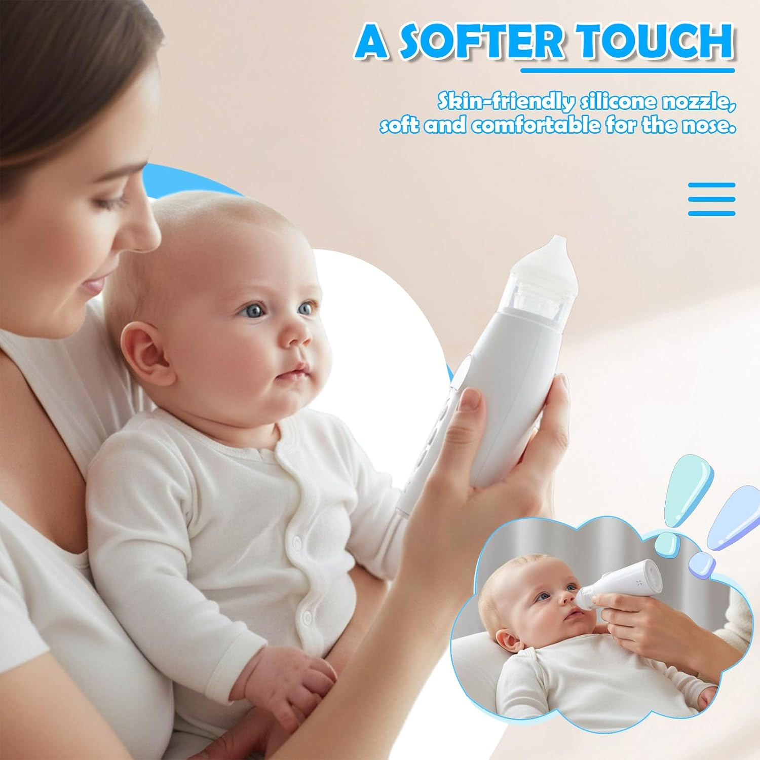 Mutter hält Baby, Nasensauger wird verwendet. Sanfter Griff.