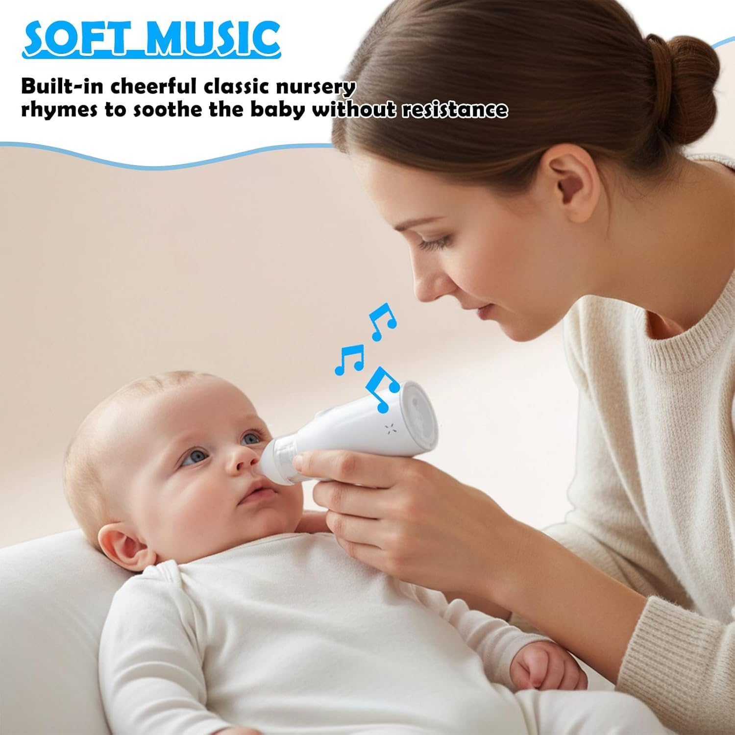 Frau benutzt ein Nasensaugergerät an einem Baby. Blaue Musiknoten.