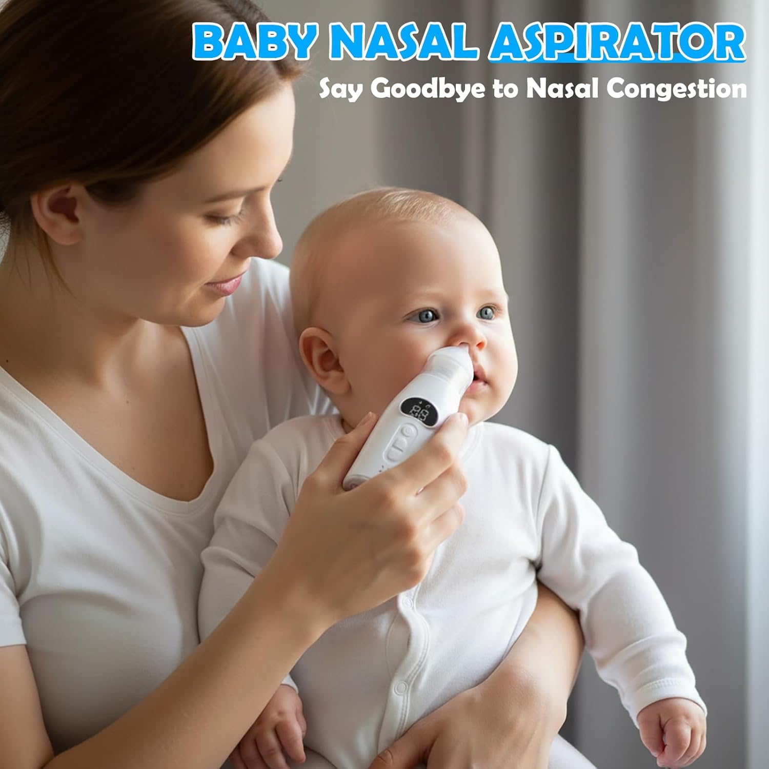 Mutter benutzt Nasensauger bei Baby. Digitalanzeige zeigt "88".