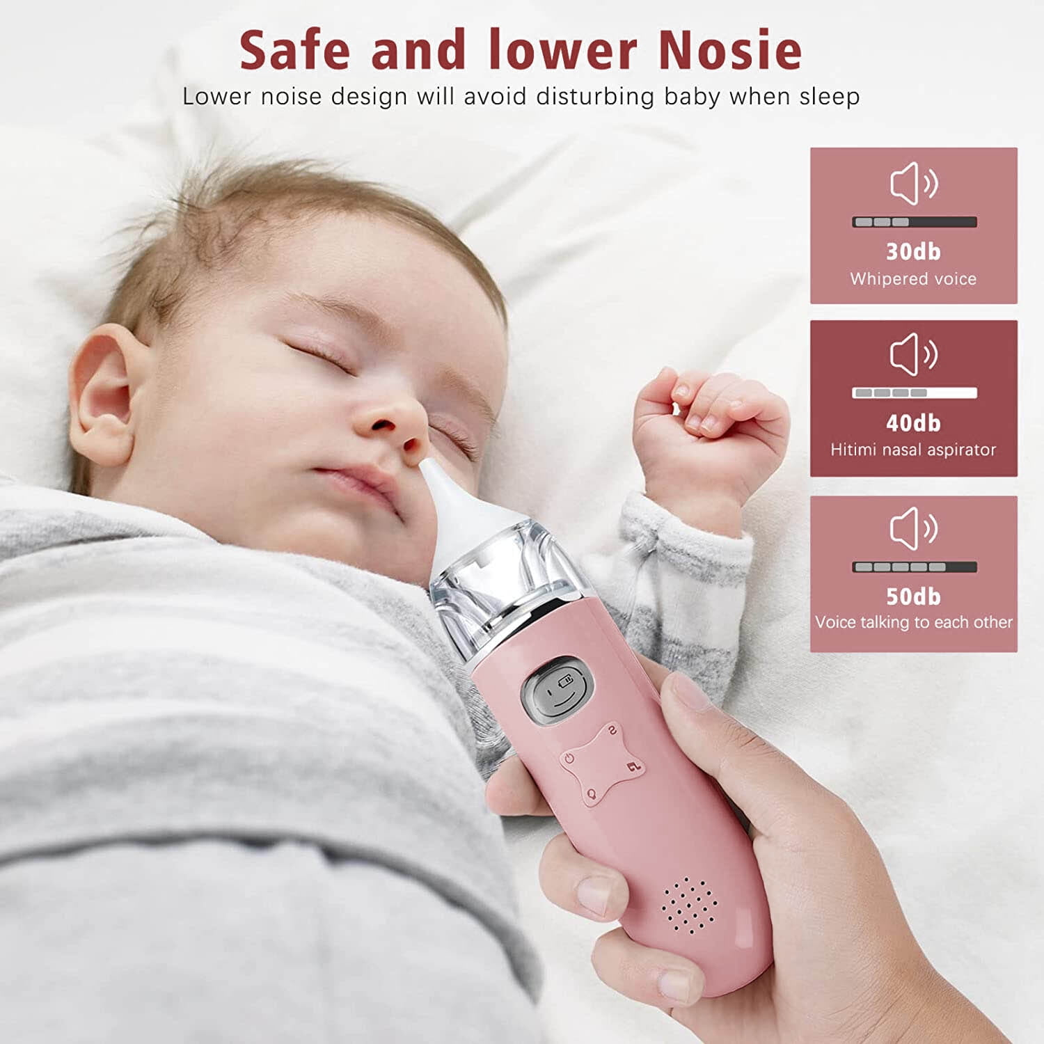 Ein Baby schläft, während ein rosafarbener Nasensauger benutzt wird. Dezibel-Angaben sind sichtbar.