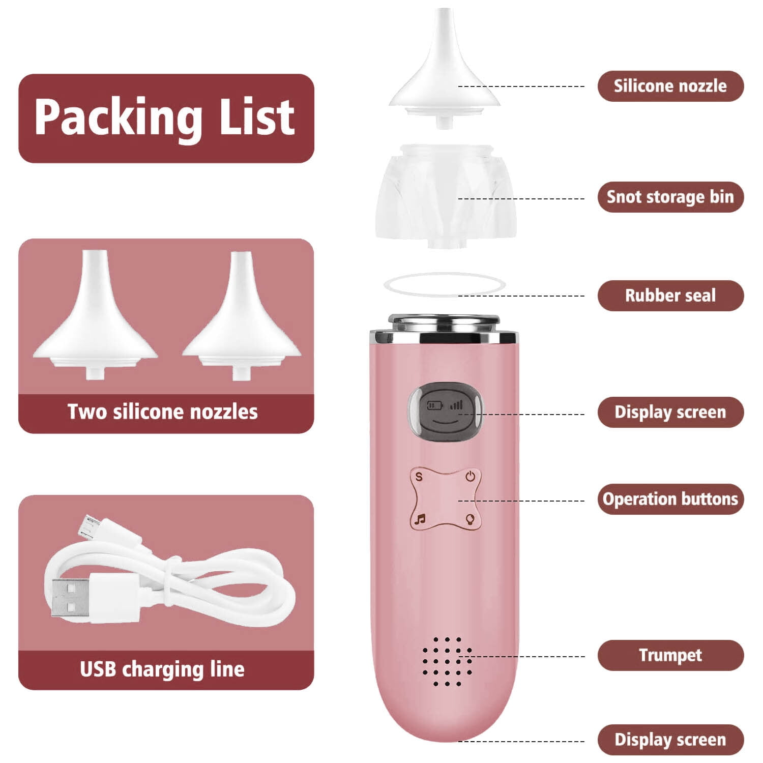 Packliste eines rosa Nasensaugers mit Zubehör: Düse, Behälter, Kabel und Bedienfeld.