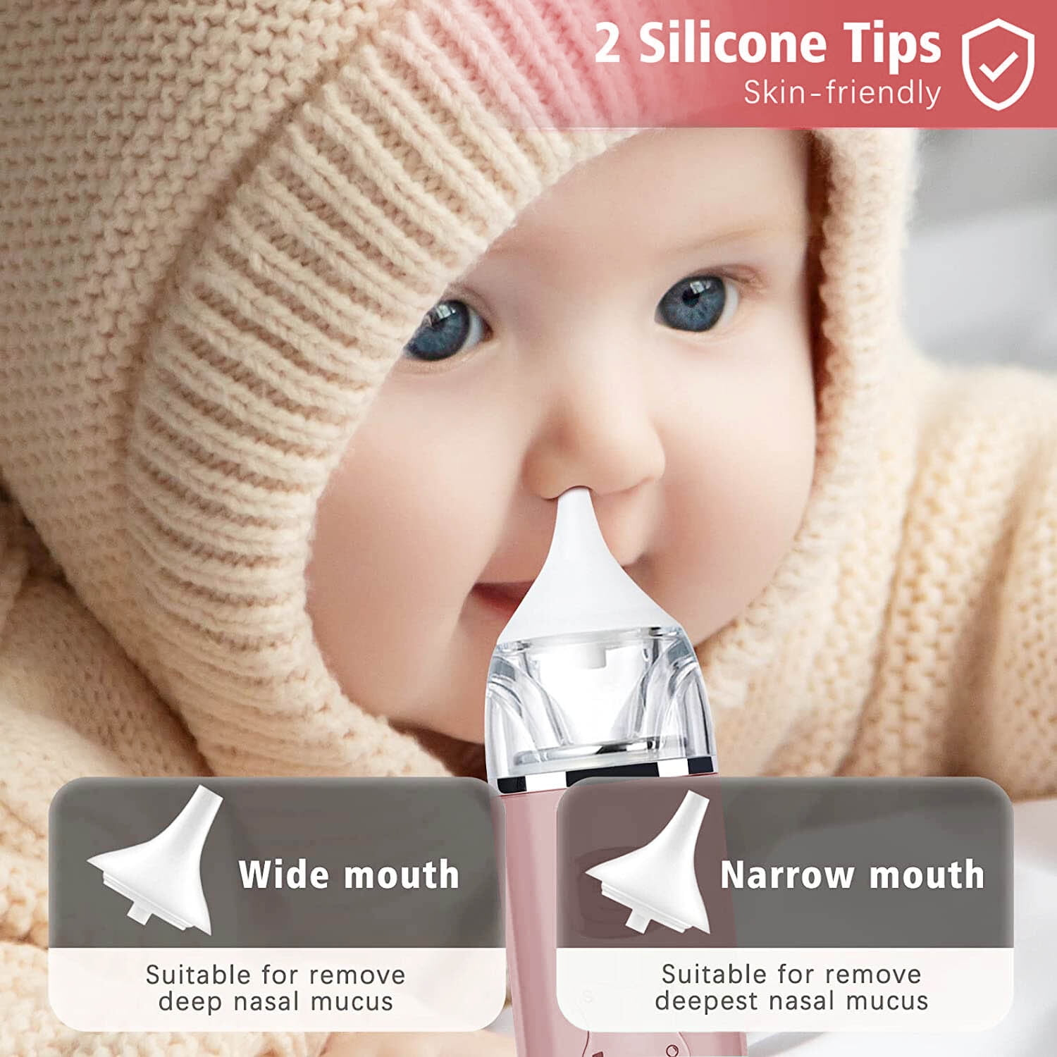 Ein Baby mit einer Nasensauger-Spitze in der Nase. Zwei Aufsätze werden gezeigt.