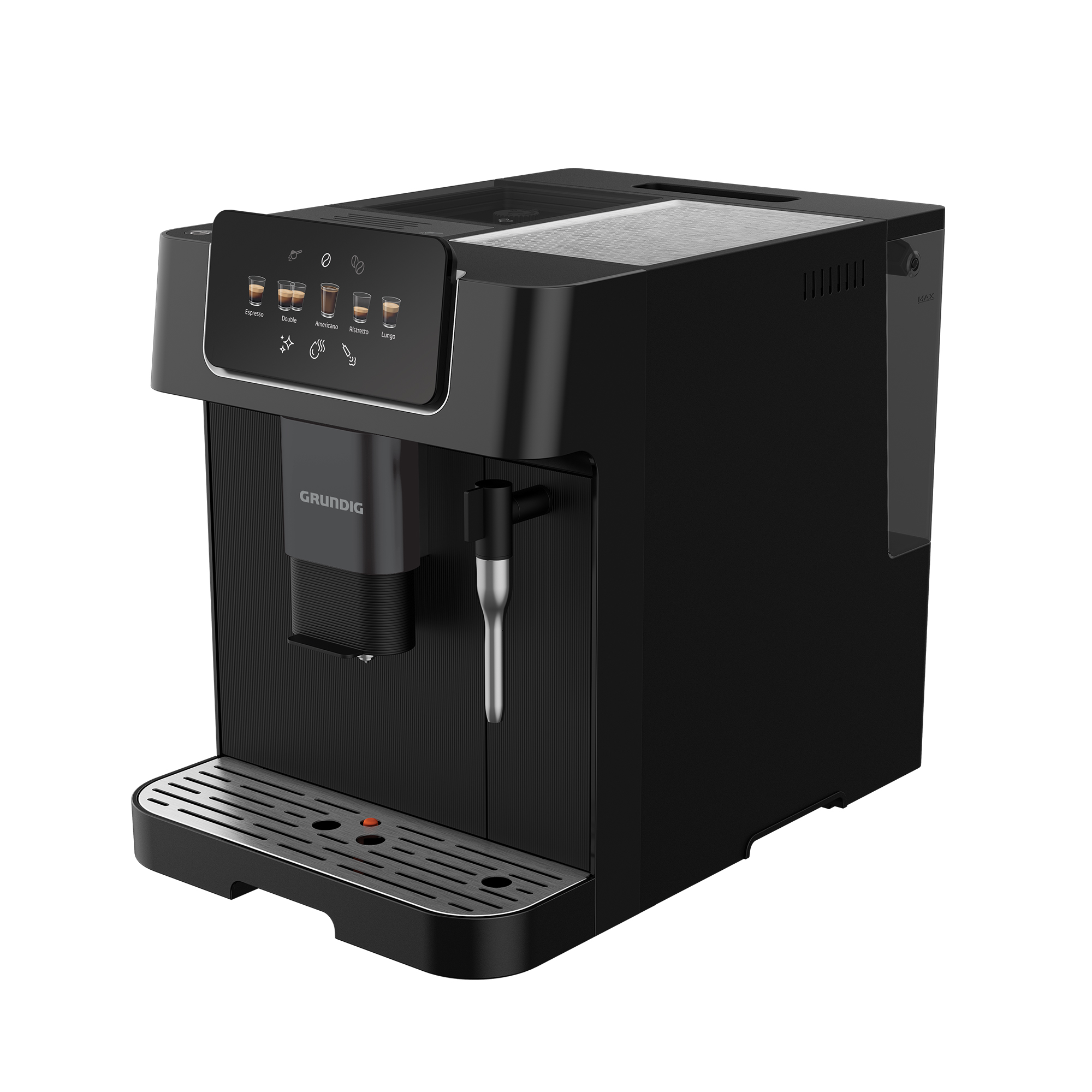 Schwarze Kaffeemaschine mit Touchscreen-Display und Kaffeespezialitäten-Symbolen.
