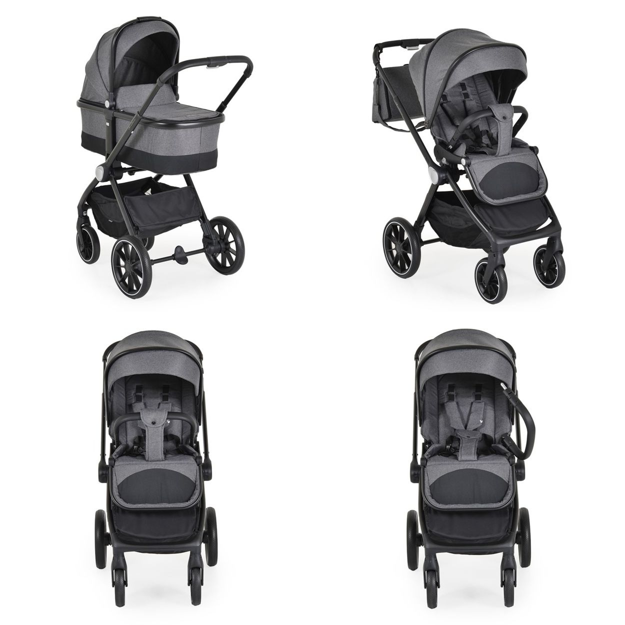 Grauer Kinderwagen mit Babywanne und Sitzaufsatz aus verschiedenen Blickwinkeln.