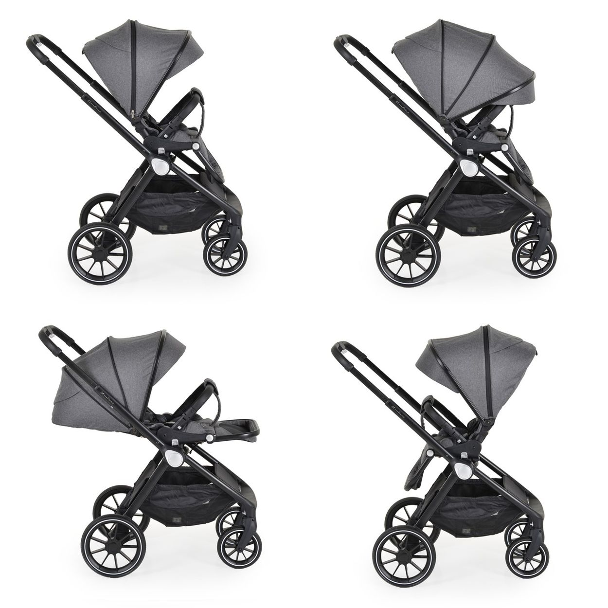Ein grauer Kinderwagen mit schwarzem Gestell und Rädern.