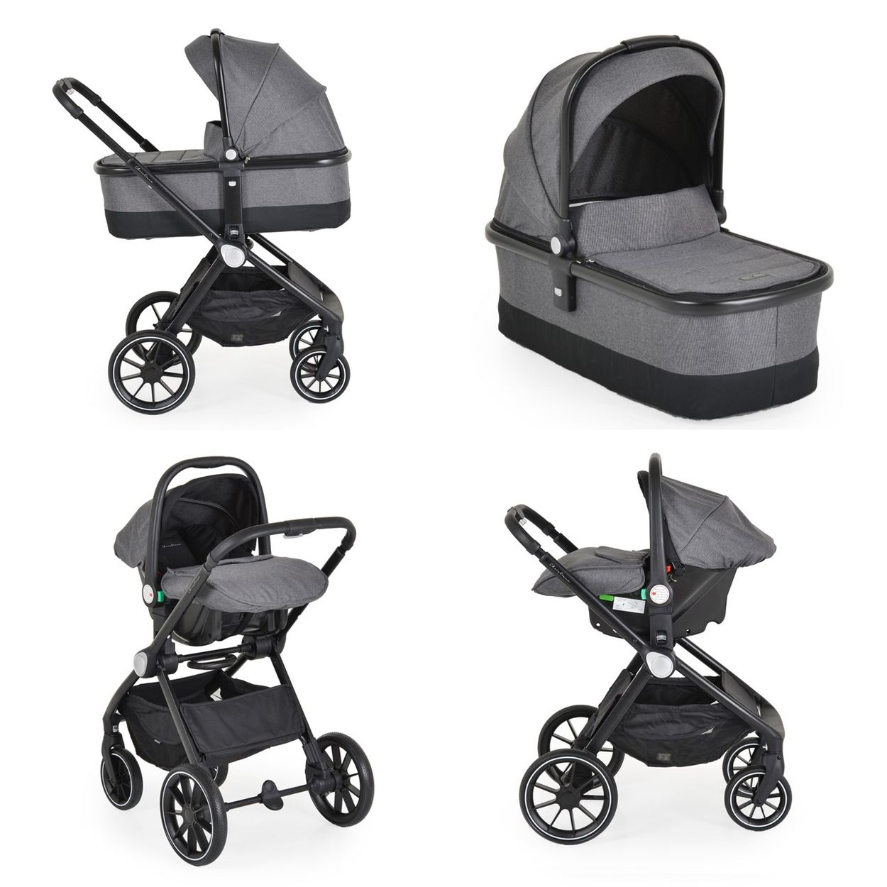 Ein modulares Kinderwagensystem in Grau mit Babywanne und Autositz.