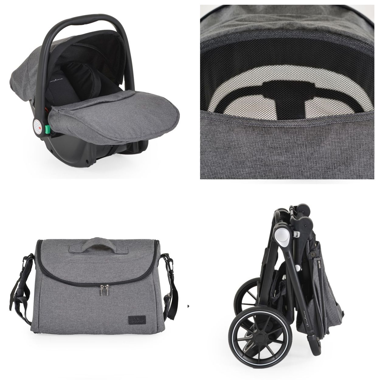 Grauer Kinderwagen, Autositz und Wickeltasche auf weißem Grund.