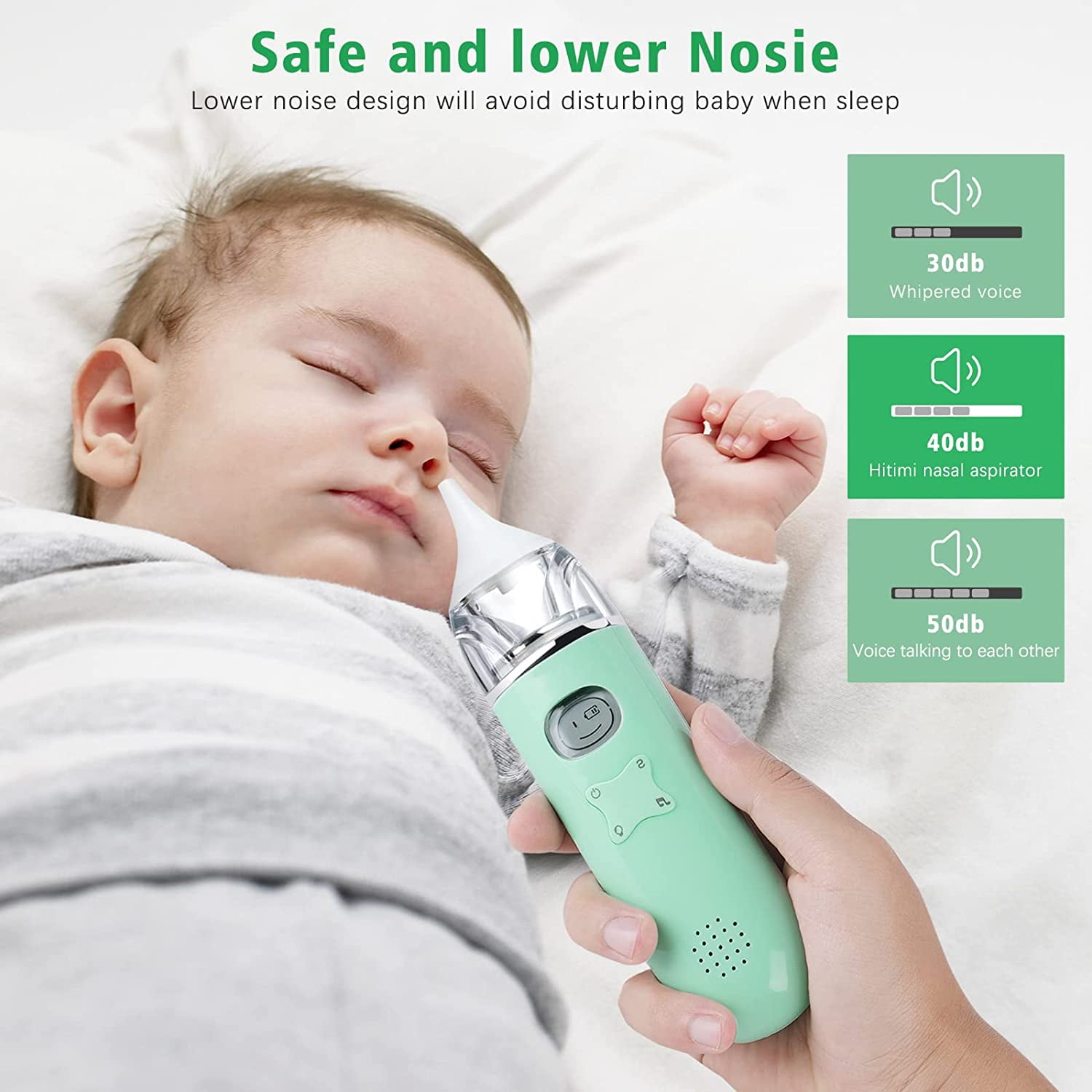 Eine Hand hält einen grünen Nasensauger neben einem schlafenden Baby. Lautstärkepegel angezeigt.