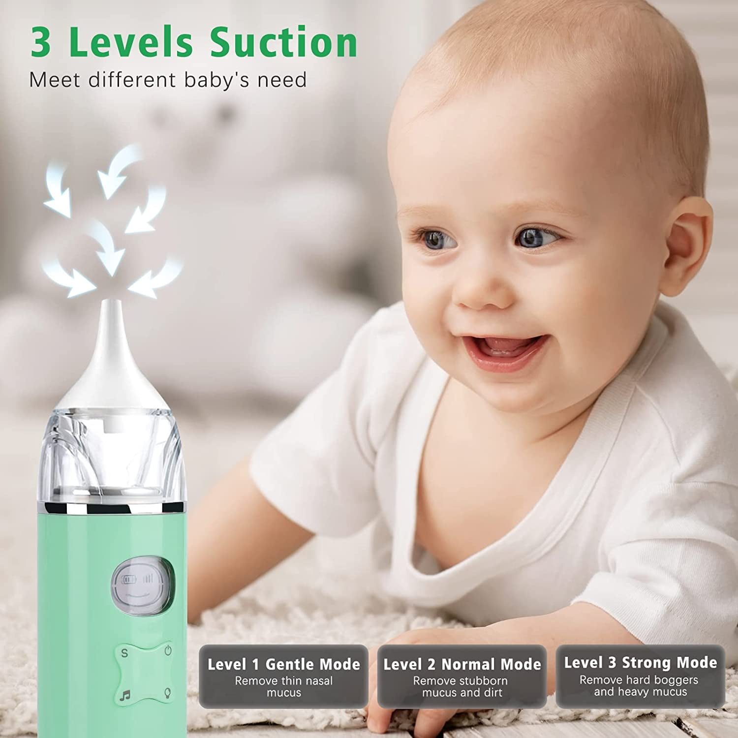Ein Baby liegt neben einem grünen Nasensauger mit drei Saugstufen.