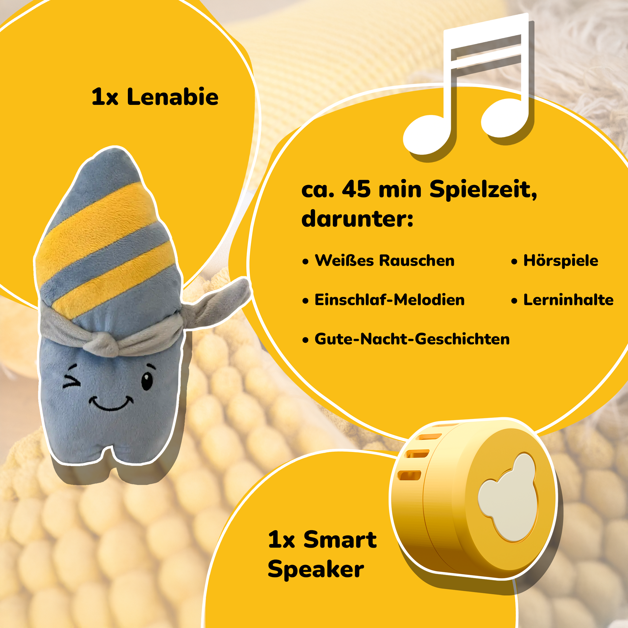 Ein grauer Lenabie-Plüsch mit gelben Streifen und ein gelber Smart Speaker.