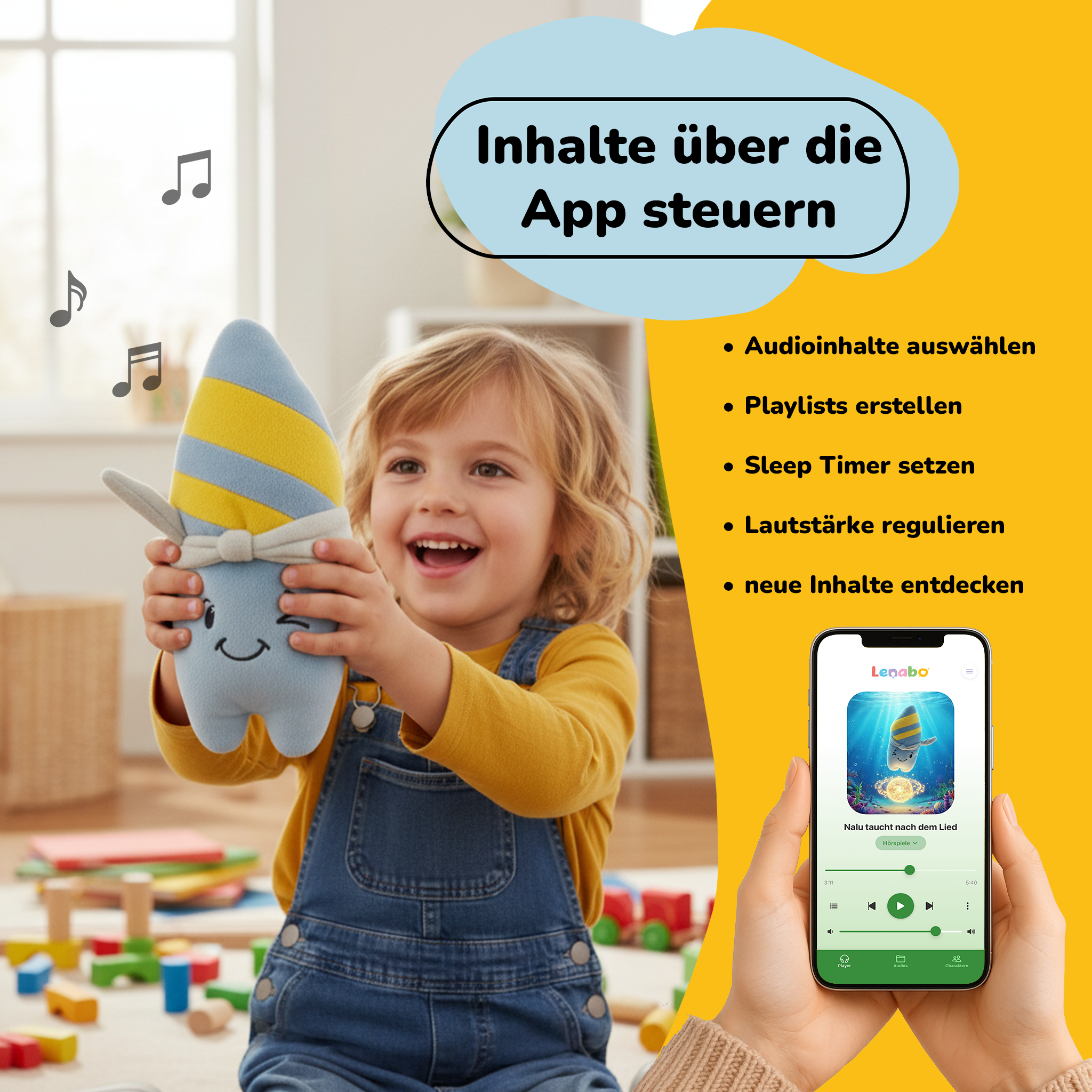 Ein Kind hält ein Plüschtier vor sich. Daneben ist eine App auf einem Handy zu sehen.
