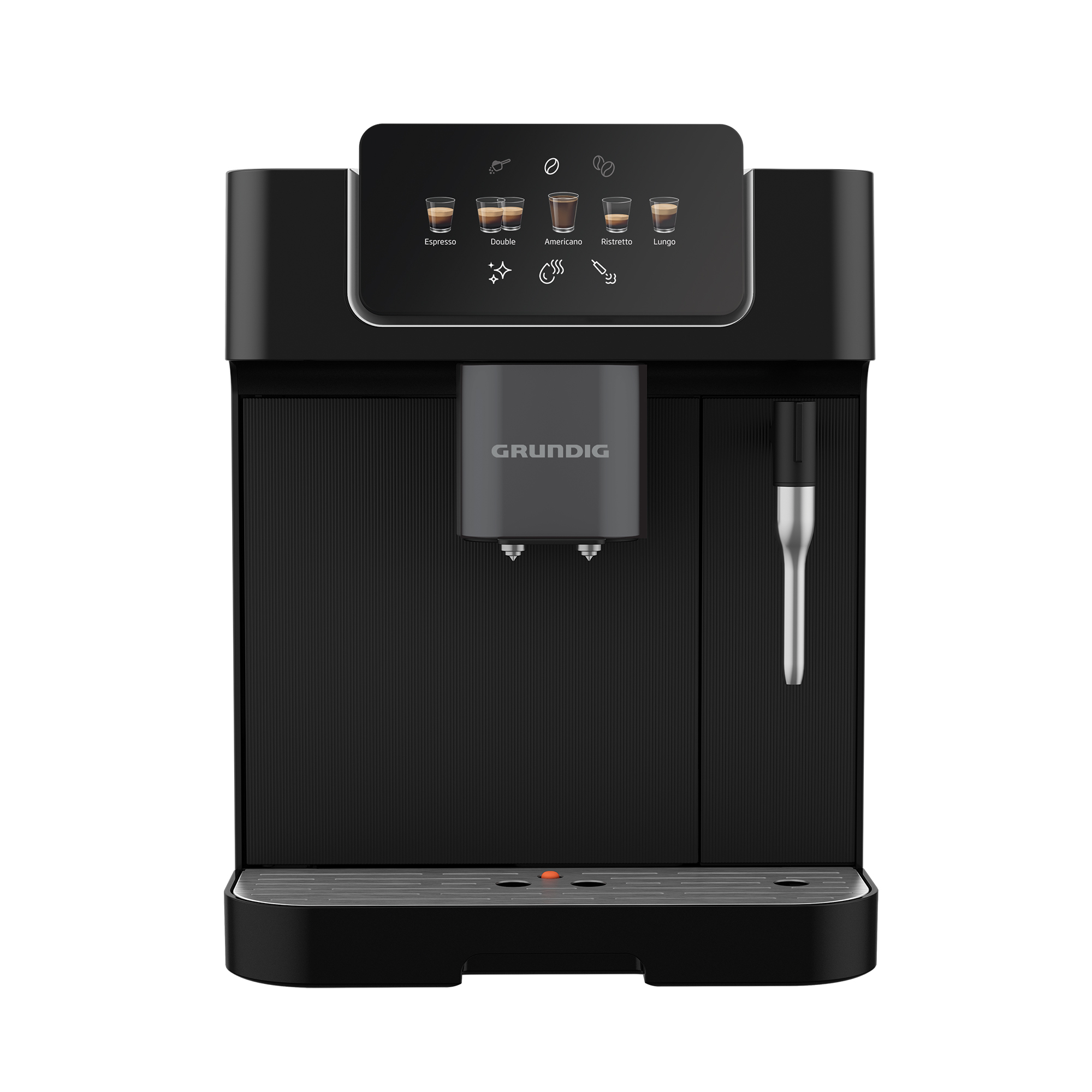 Schwarze Kaffeemaschine mit Touchscreen-Bedienfeld und Milchaufschäumer.